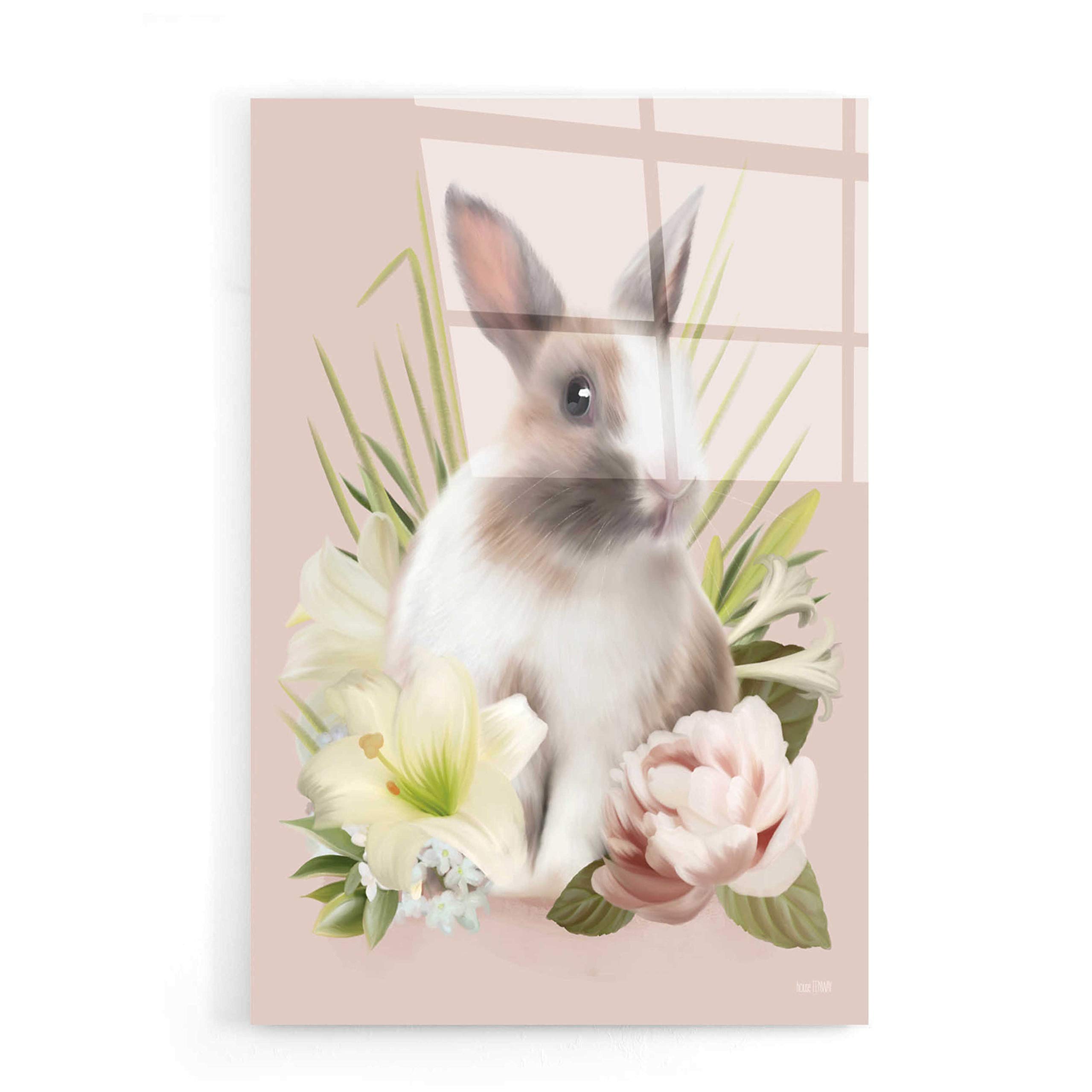 Easter Bunny Floral Wall Art by House Fenway - 16x24 Inch Acrylic Glass Canvas Print - Spring Home Decor for Living Room, Bedroom & Office