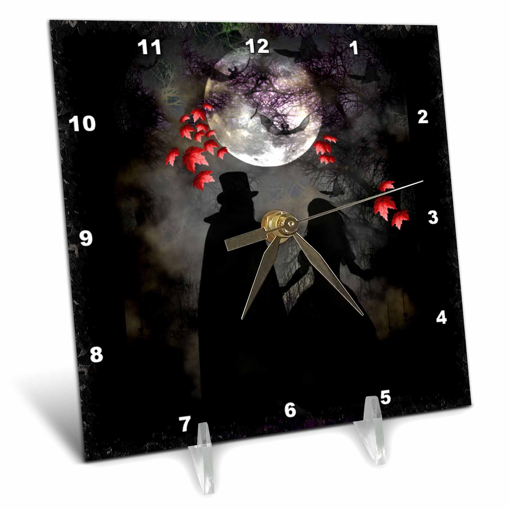 Gothic Romance Dark Art Desk Clock - 6x6 Inch Gothic Wedding Love Couple Moon Decor for Home, Office & Gothic Themed Events