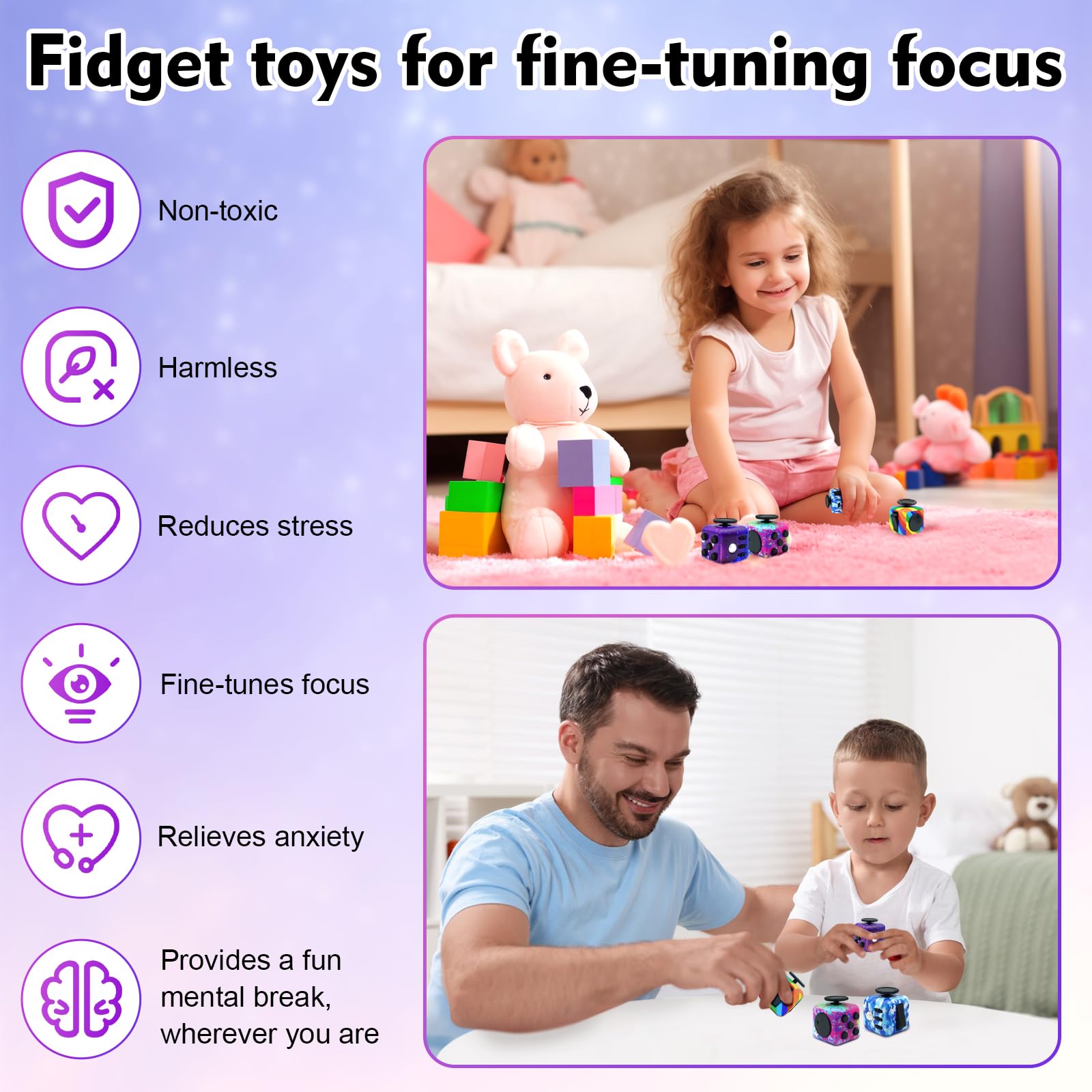4 Pack Fangool Fidget Toy Cube - Stress Relief & Anxiety Toys for Adults & Kids with ADD/ADHD/OCD - 6-Sided Handheld Sensory Fidget Toys (Audible/Silent Modes) - Perfect for Office, School, Travel & Focus Enhancement