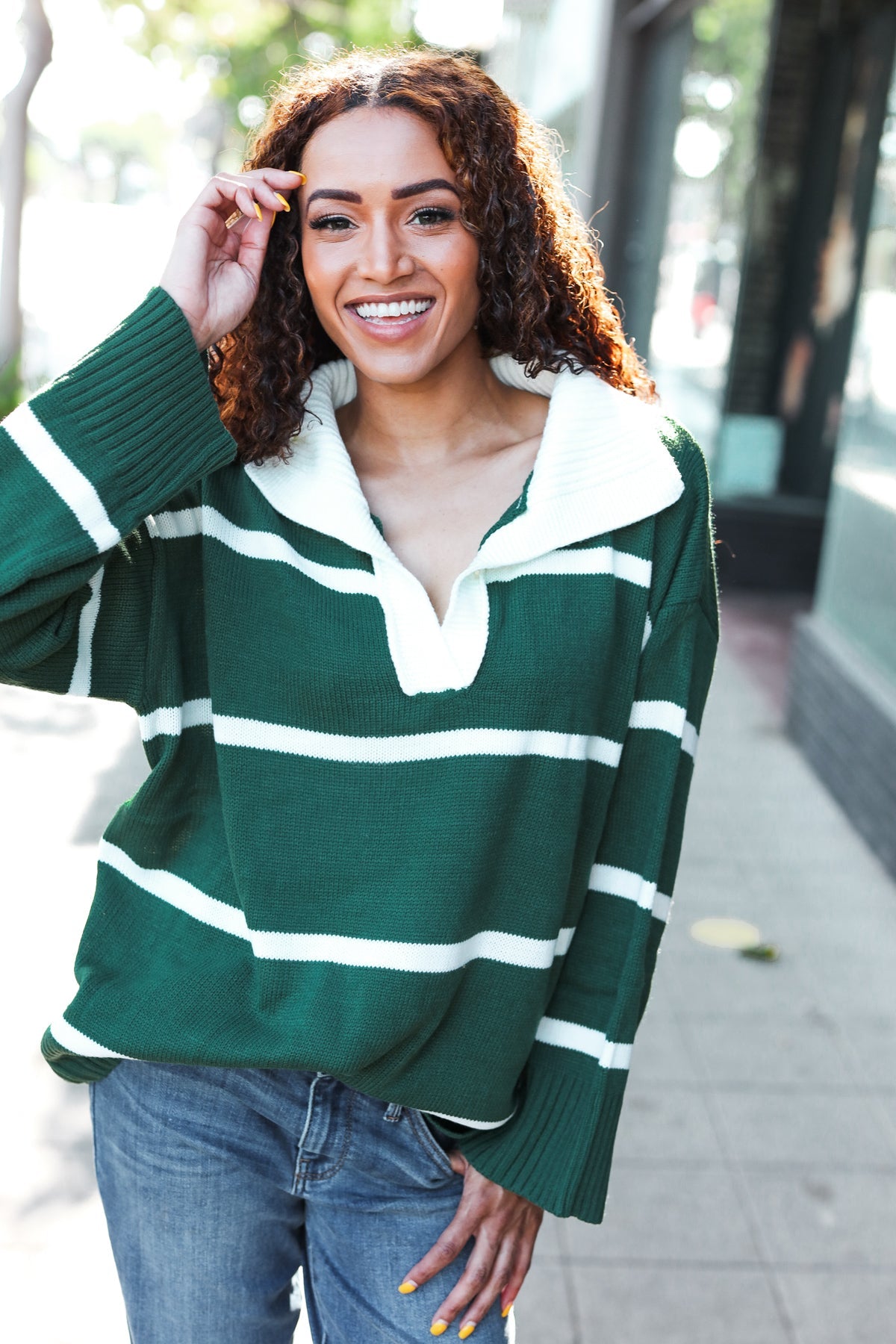 Hunter Green Striped Notch Neck Collar Oversized Sweater for Women | Cozy Fall & Winter Fashion | Perfect for Casual Outings, Coffee Dates & Layering