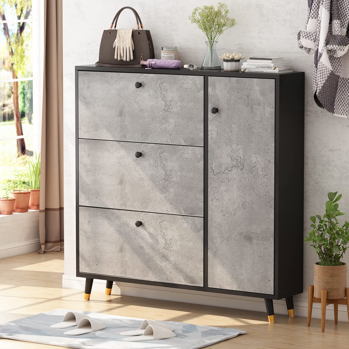 AIEGLE 3-Tier Flip-Down Shoe Storage Cabinet - Modern Entryway Shoe Organizer with Solid Wood Legs, Freestanding Shoe Rack for Hallway (47.2