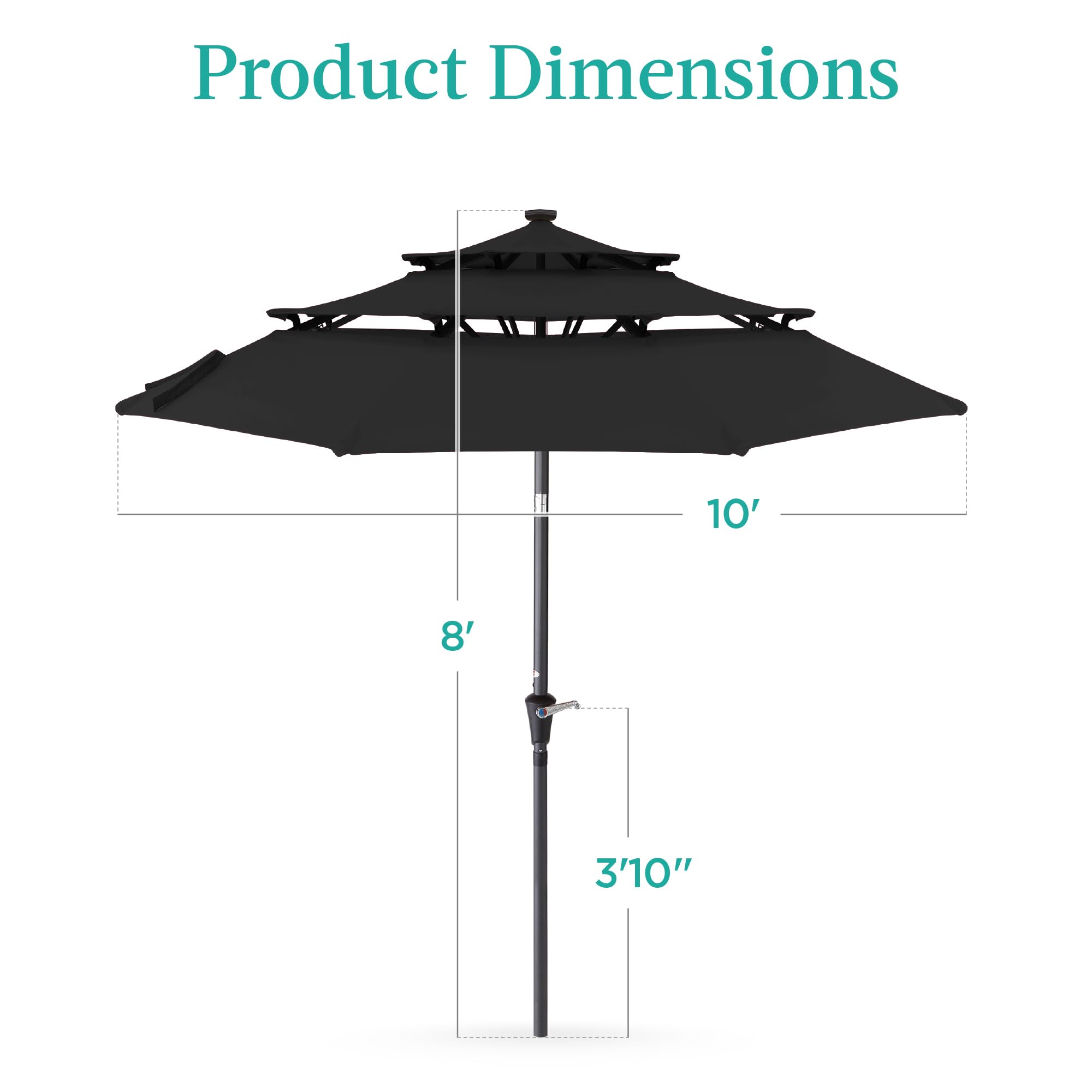 Best Choice Products 10ft 3-Tier Solar Patio Umbrella with 24 LED Lights - Outdoor Market Sun Shade for Backyard, Deck, Poolside - Tilt Adjustment & Easy Crank - 8 Ribs - Black - Perfect for Outdoor Dining, Lounging, and Entertaining