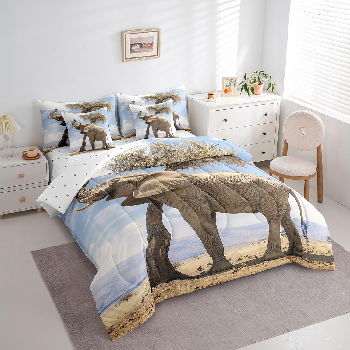 King Size Elephant Bedding Set for Kids & Adults - 7 Piece African Safari Wildlife Comforter Set with Pillowcases | Jungle Theme Bed in A Bag | Perfect for Nursery, Teen Room & Wildlife Lovers