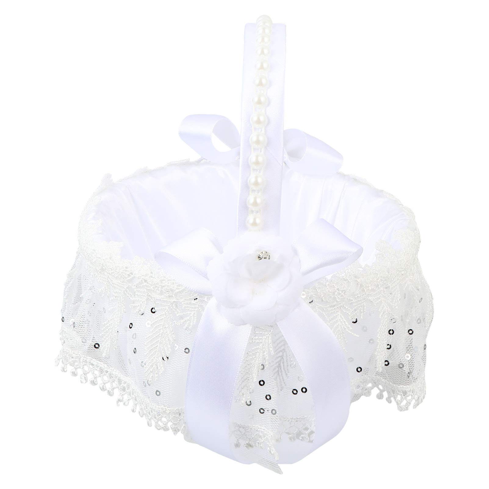Elegant White Metal Wedding Basket with Lace Rose Sequins & Pearl Handle - 18x18x19cm Round Decorative Basket for Wedding Ceremony, Bridal Shower, Baby Shower & Home Decor