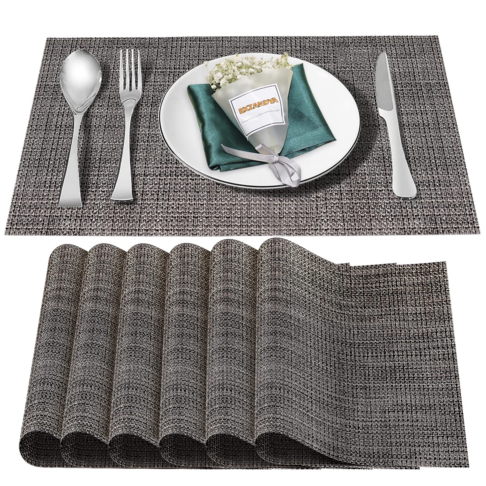 Bxzandya Set of 6 Woven Gold Placemats - Heat Resistant & Washable Plastic Table Mats for Dining Room, Kitchen, and Indoor Decor - Perfect for Everyday Meals, Dinner Parties, and Holiday Gatherings