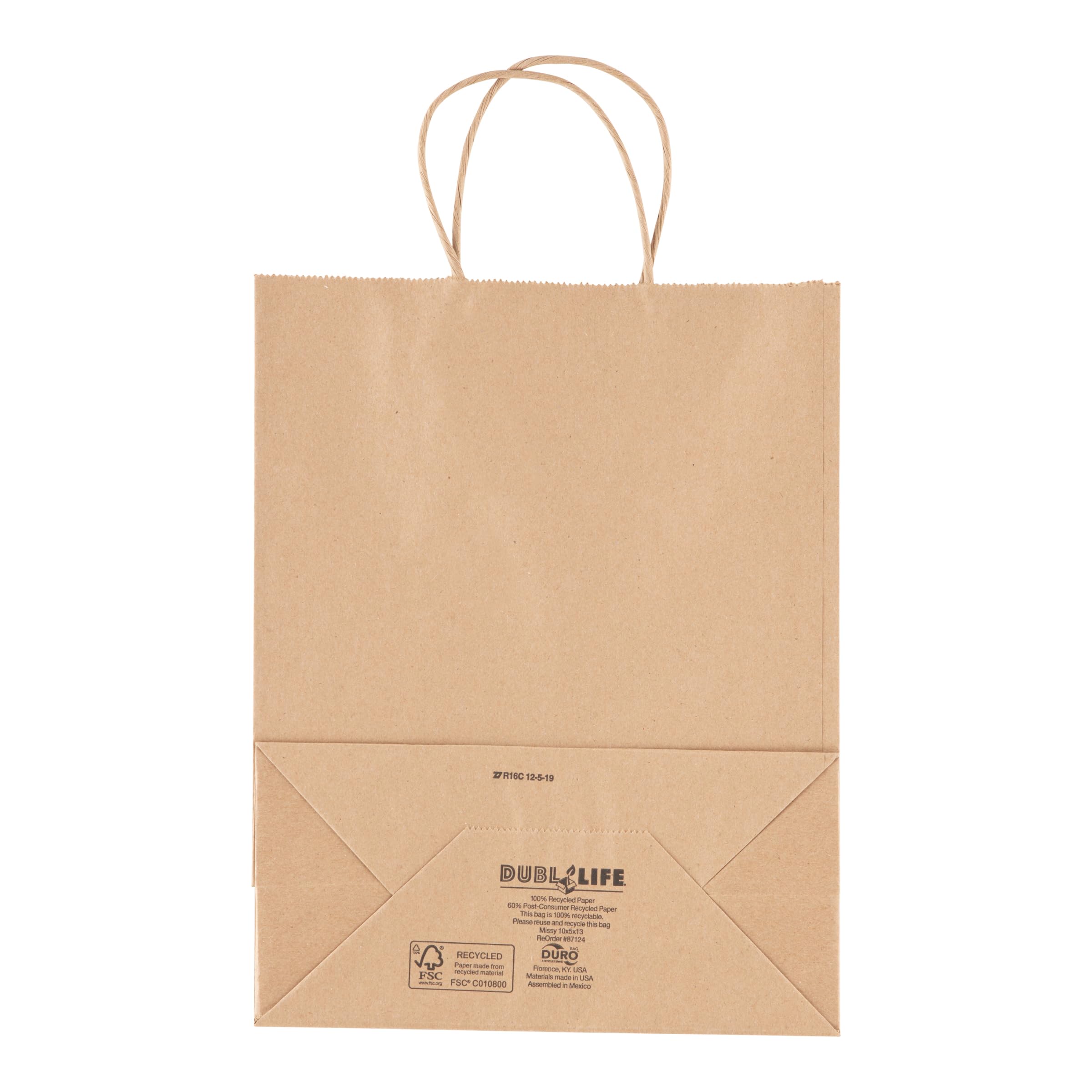 Duro Bag Missy Dubl Life 60# Recycled Kraft Shopping Bags - FSC Certified (Pack of 250) - Eco-Friendly Grocery, Retail & Bulk Shopping Bags for Stores, Markets & Sustainable Living