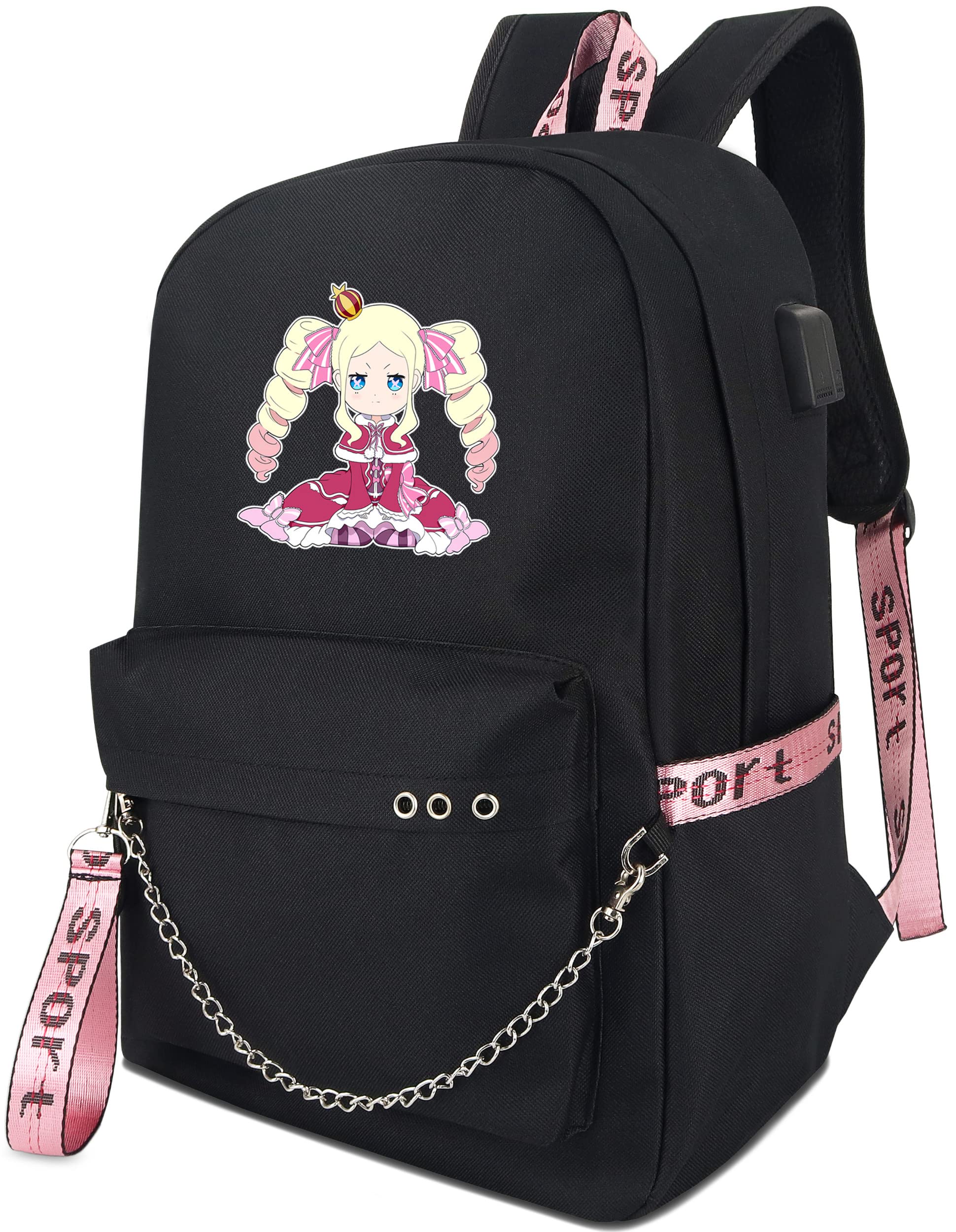 Anime Re:ZERO -Starting Life in Another World Beatrice Themed Backpack with USB Charging Port & Headphone Jack - Perfect for School, Travel & Cosplay