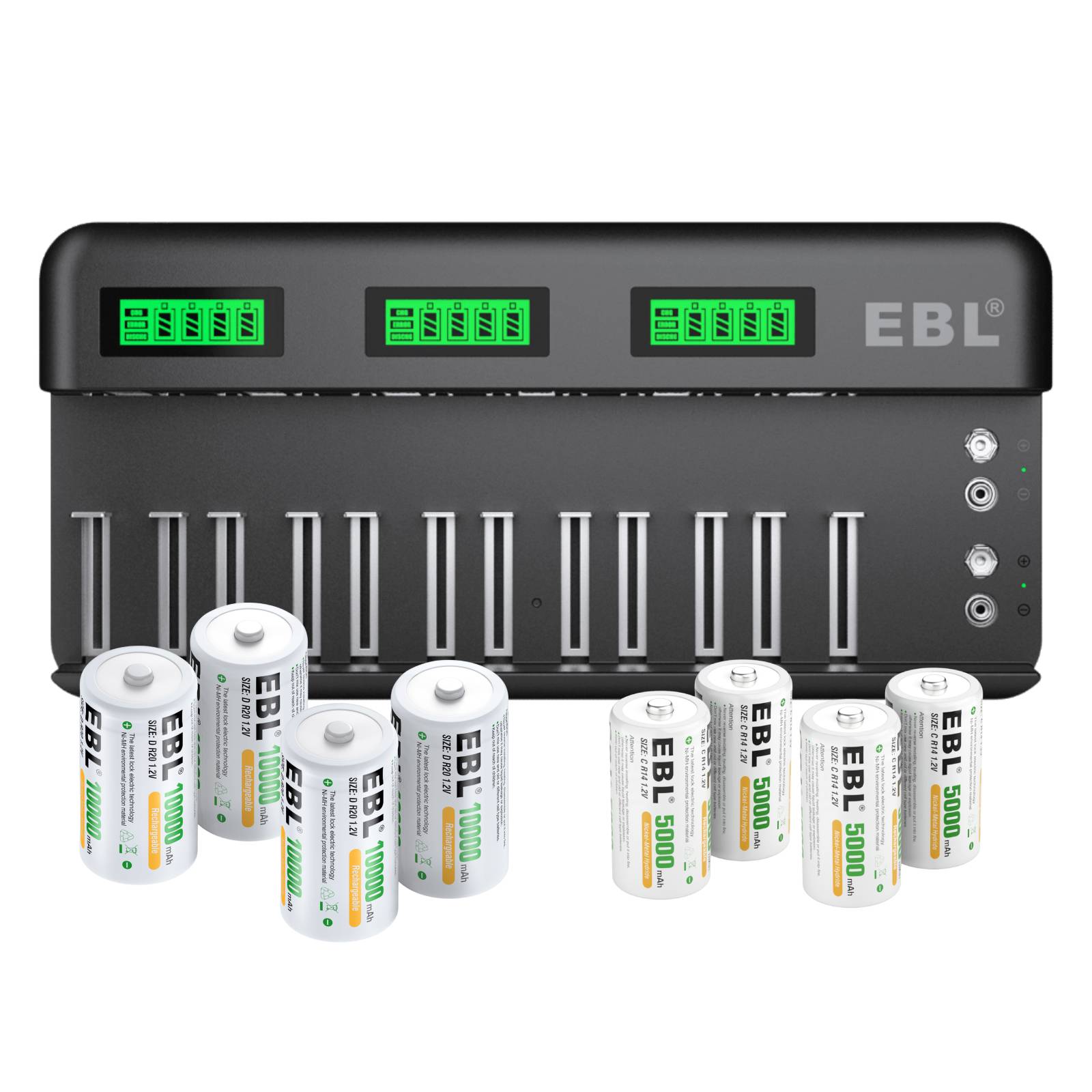 EBL 12+2 Bay Universal Battery Charger with 1.2V C D NiMH Rechargeable Batteries - Fast Charging for Toys, Flashlights, Cameras & More