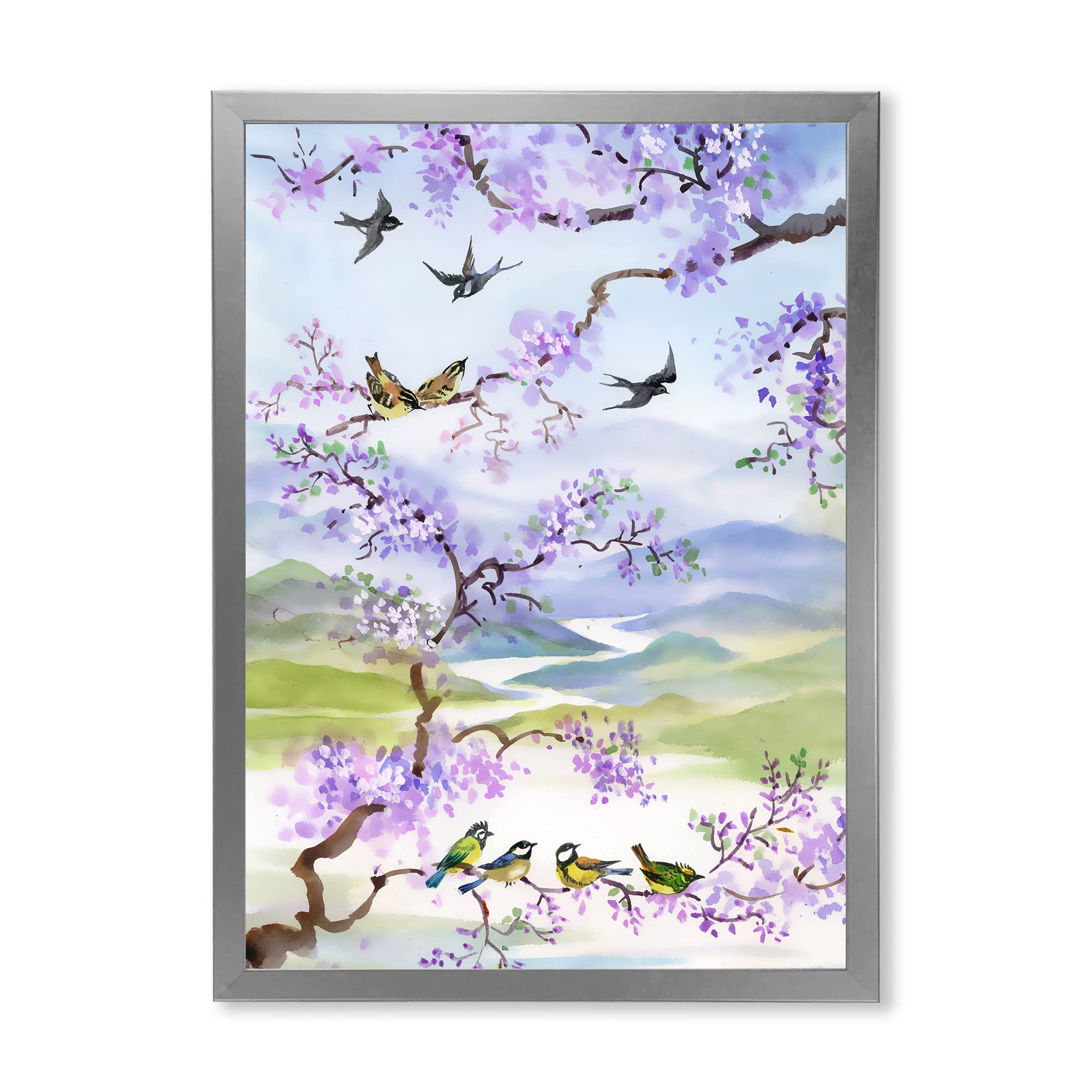 DesignQ Traditional Framed Wall Art - Cherry Blossom Birds Painting, Home Decor for Living Room, Bedroom & Office