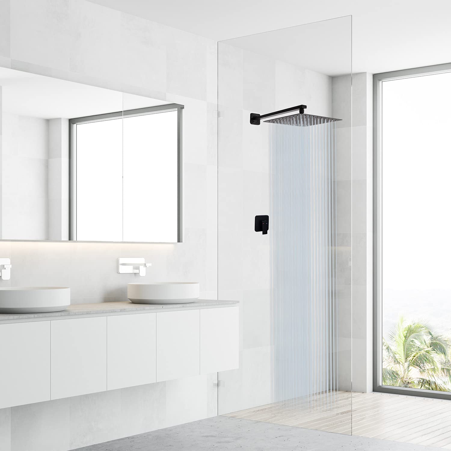 12 Inch Square Matte Black Rain Shower Head with 16 Inch Extension Arm - Large Stainless Steel Rainfall Showerhead for Full Body Coverage - Perfect for Modern Bathroom & Spa-Like Shower Experience