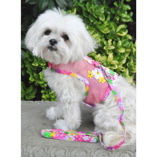 Breathable Mesh Dog Harness with Leash - Adjustable Pink Hawaiian Floral Pet Vest for Small Medium Dogs - Perfect for Walking, Hiking & Outdoor Adventures