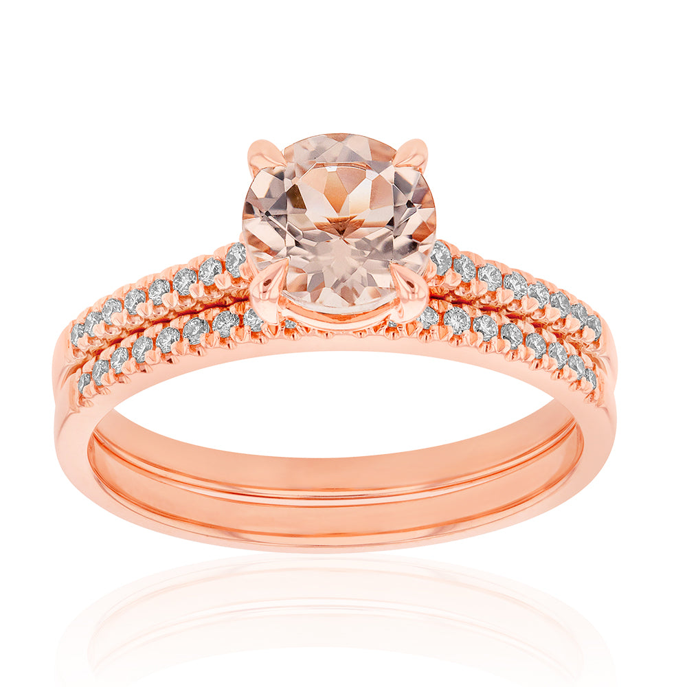 9ct Rose Gold 1.20ct Morganite and Diamond Bridal Ring Set - Elegant Engagement & Wedding Jewelry for Brides