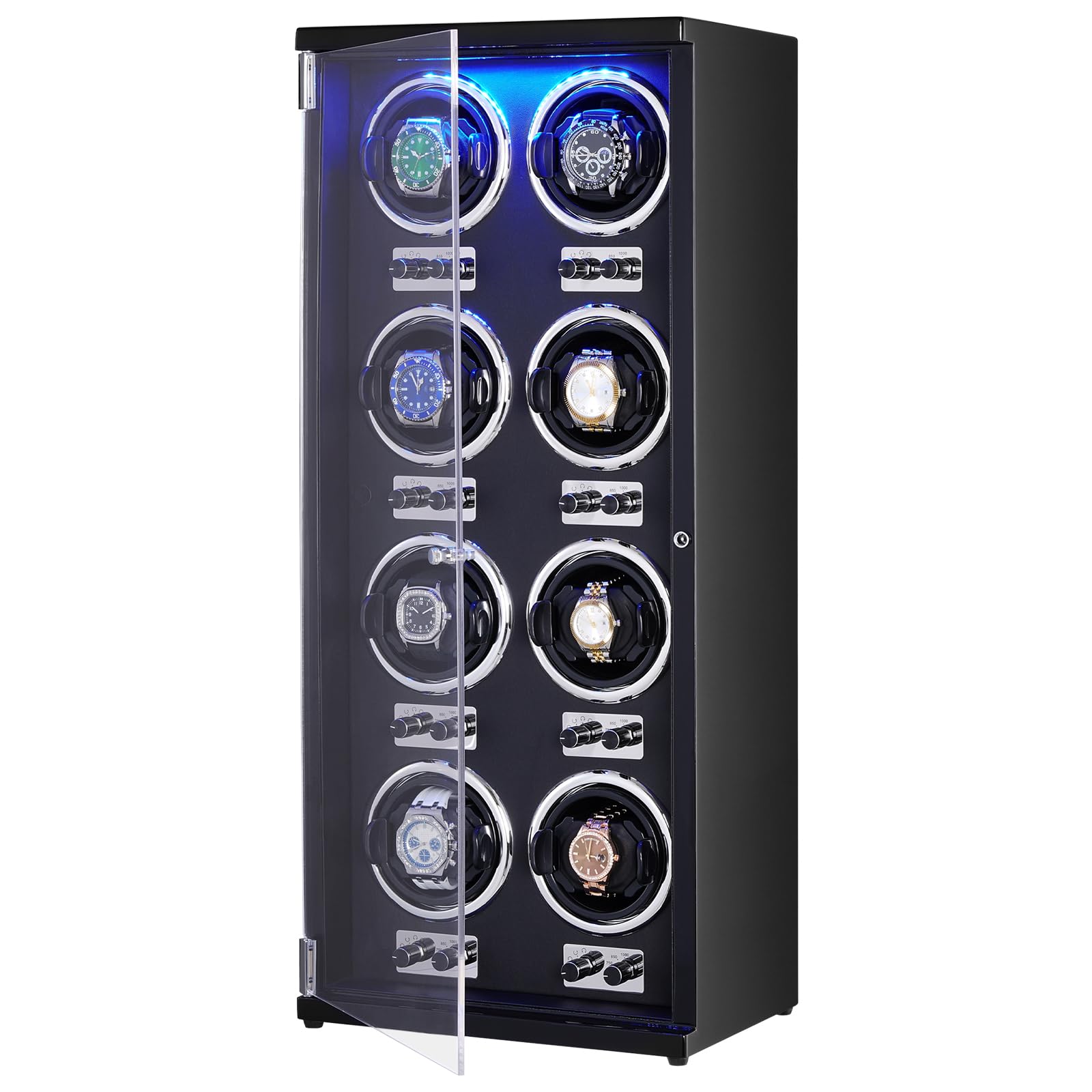 VEVOR 8 Watch Winder Box for Automatic Watches - Quiet Japanese Motor, LED Light, Adjustable Speed & Direction - Perfect for Rolex, Omega Luxury Watch Storage & Display (Black) | Home Office & Travel Use