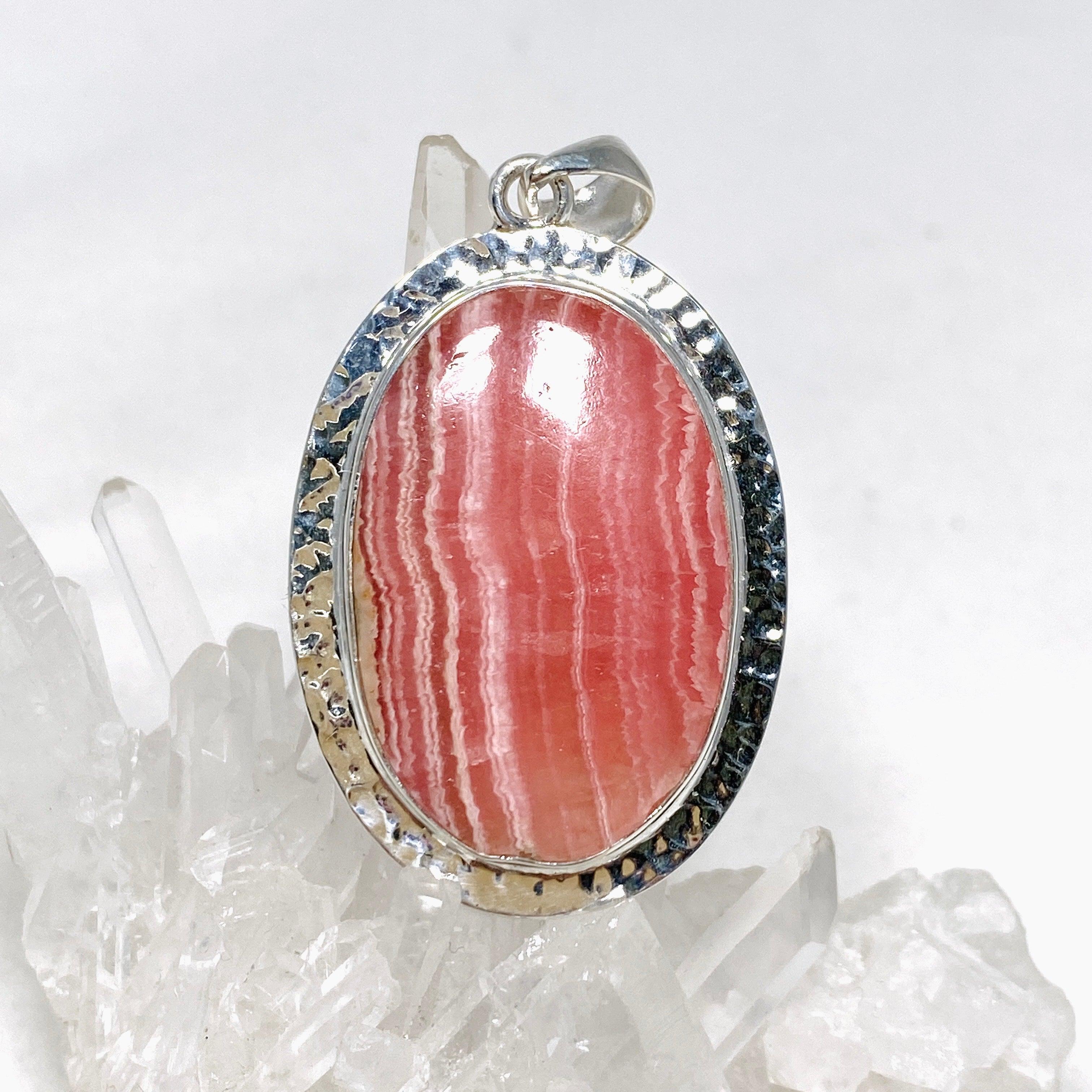 Rhodochrosite Oval Pendant Necklace - Handcrafted Hammered Sterling Silver Setting KPGJ4320 | Elegant Jewelry Gift for Women, Perfect for Weddings & Special Occasions