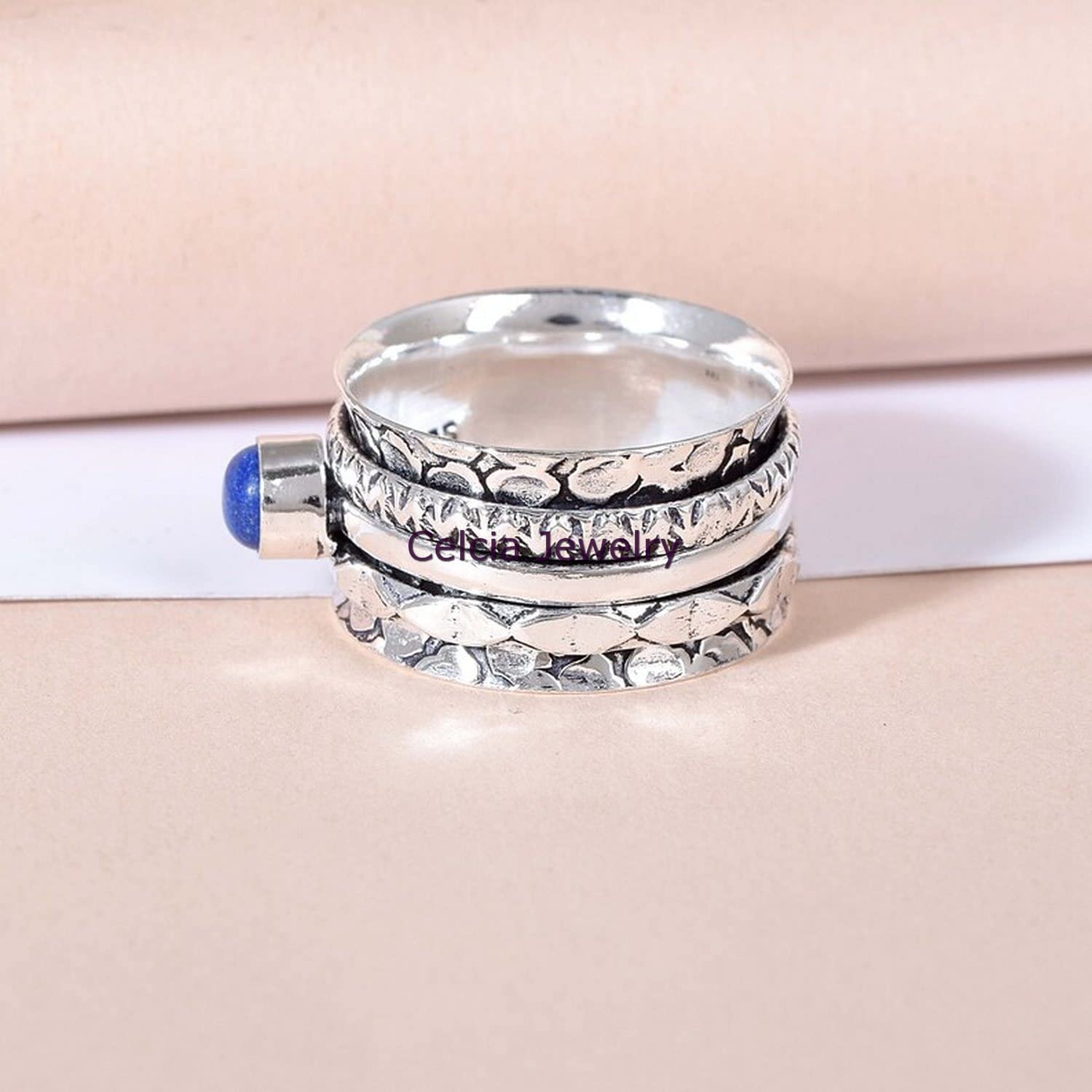 Natural Lapis Lazuli Round Gemstone Spinner Ring - Sterling Silver Anxiety Relief & Meditation Jewelry - Handmade Worry Fidget Ring for Stress Relief - Size 7 US - Perfect for Meditation, Gift Giving & Everyday Wear