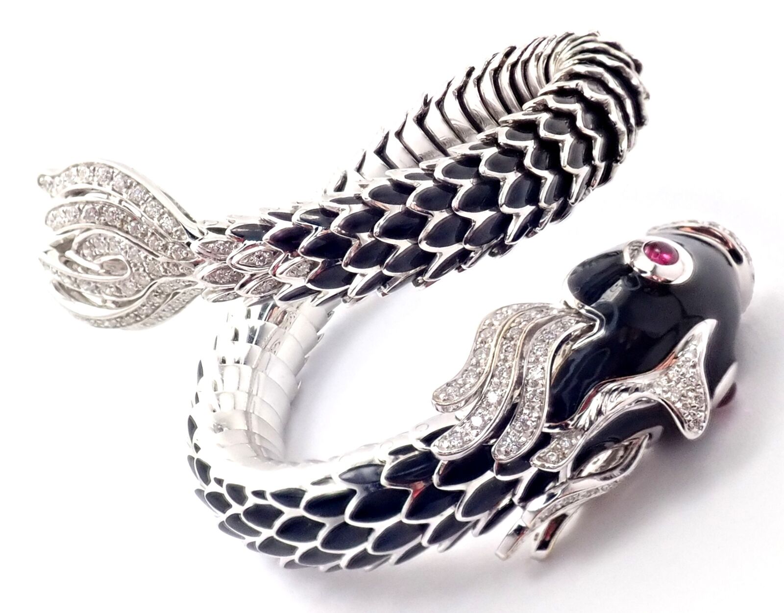Authentic Roberto Coin Nemo 18k White Gold Diamond & Ruby Enamel Cuff Bracelet | Luxury Jewelry for Women | Perfect for Weddings, Parties & Special Occasions