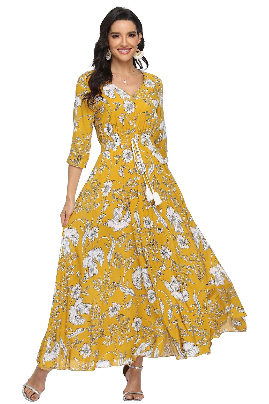 Vintage Floral Maxi Dress for Women - Long Sleeve Boho Beach Dress with Flowy Silhouette | Perfect for Summer Vacations, Beach Weddings & Boho Fashion Outfits