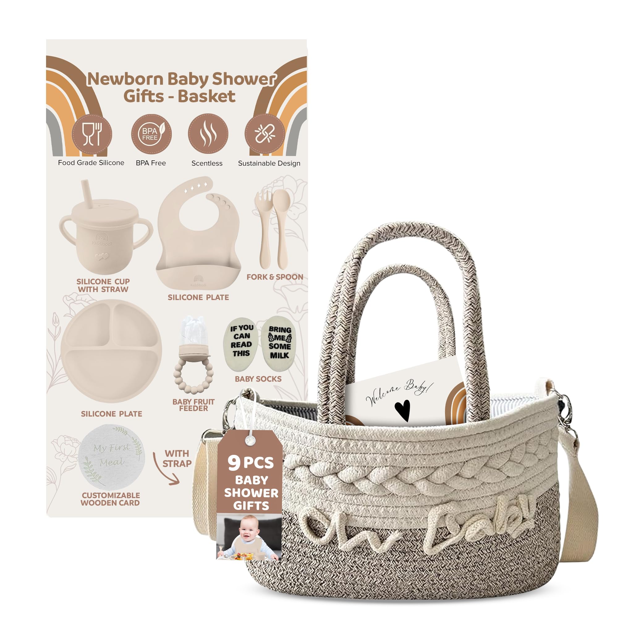 Kiddibodi® Baby Shower Gift Basket Set for Newborns - Gender Neutral Silicone Feeding Essentials with Suction Plate, Bib, Spoon, Sippy Cup & Pacifier Feeder in Natural Rope Basket - Perfect New Mom Gift for Birthdays, Showers and First Feedings