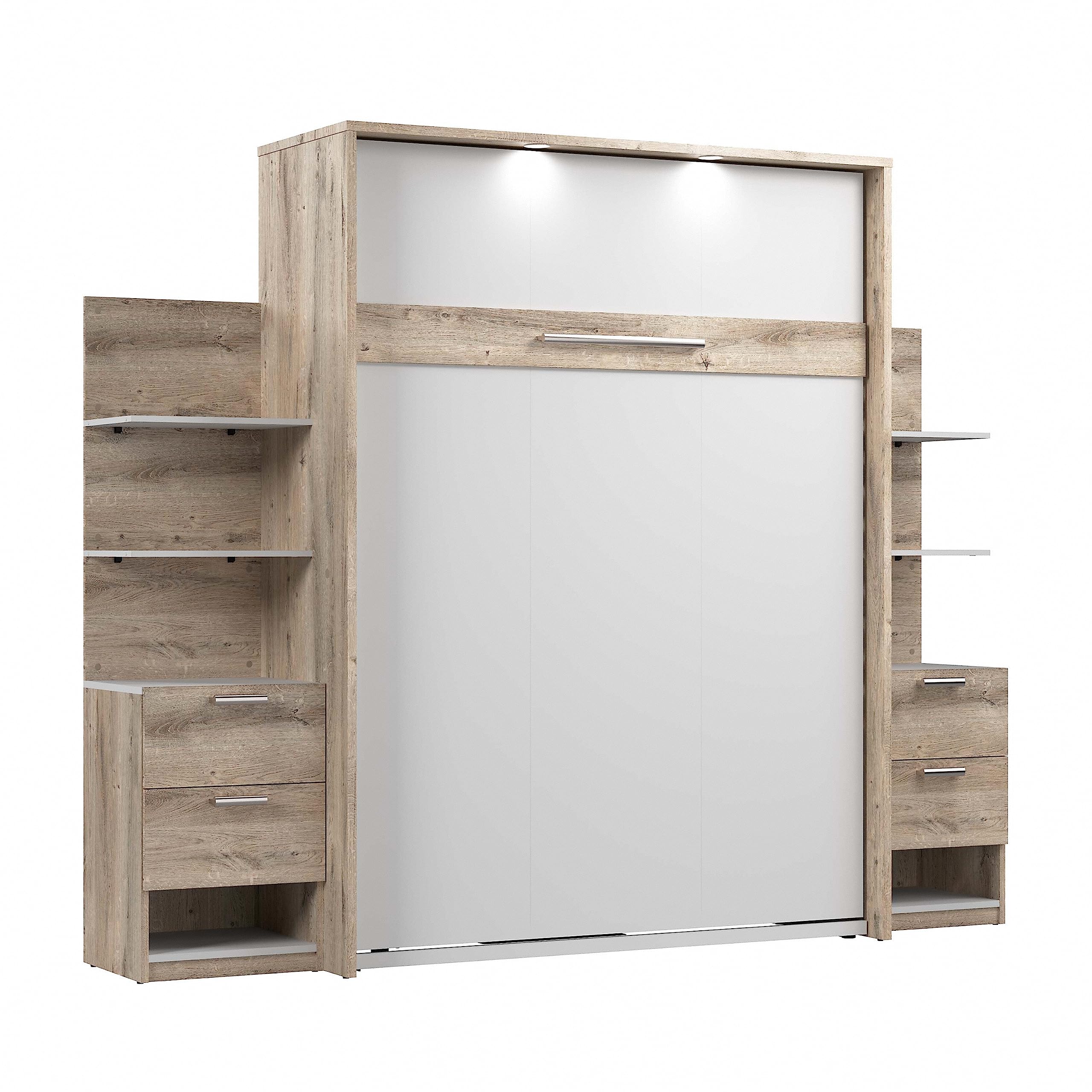 Bestar Cielo Queen Murphy Wall Bed with Nightstands & Floating Shelves - Rustic Brown & White Space-Saving Furniture for Small Apartments, Guest Rooms & Home Offices