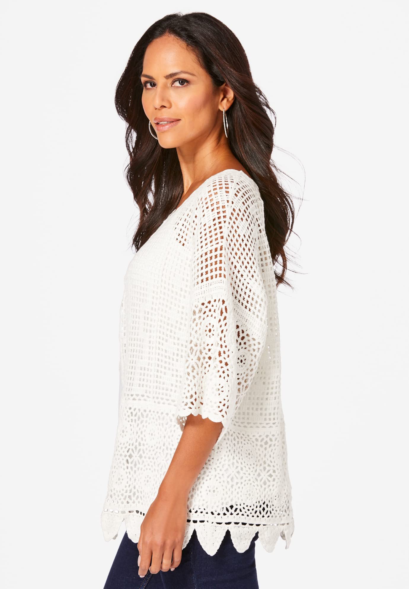 Romantic Plus Size Women's Crochet Cardigan with Scallop Trim - Boho Lace Cover-Up for Casual Outings & Beach Wear