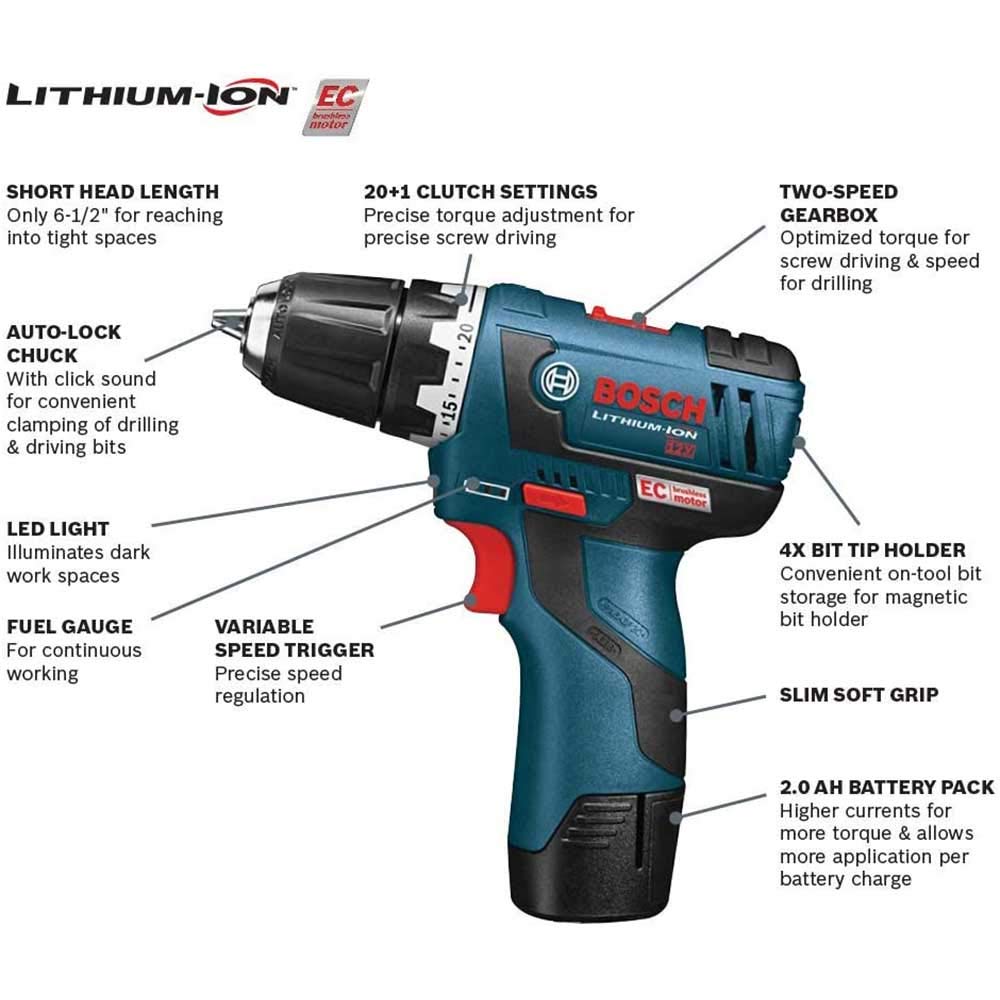 Bosch PS31-2A-RT 12V Max Lithium-Ion Cordless Drill Driver Kit with 3/8 Inch Chuck & 2Ah Battery (Renewed) - Perfect for DIY Home Projects, Furniture Assembly, and Light Construction Work