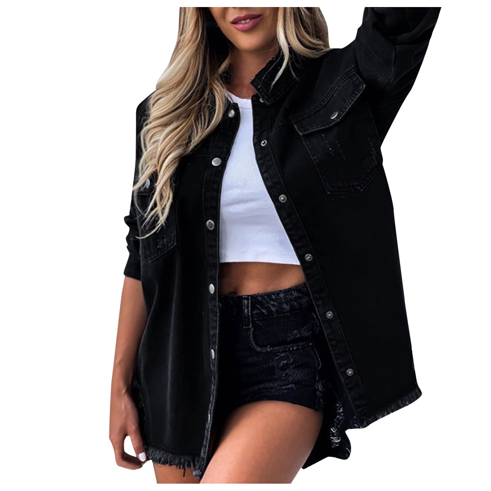 Women's Winter Fashion Jean Jacket - Long Sleeve Distressed Denim Coat with Pockets | Casual Outerwear for Everyday Wear, Street Style & Cold Weather Protection