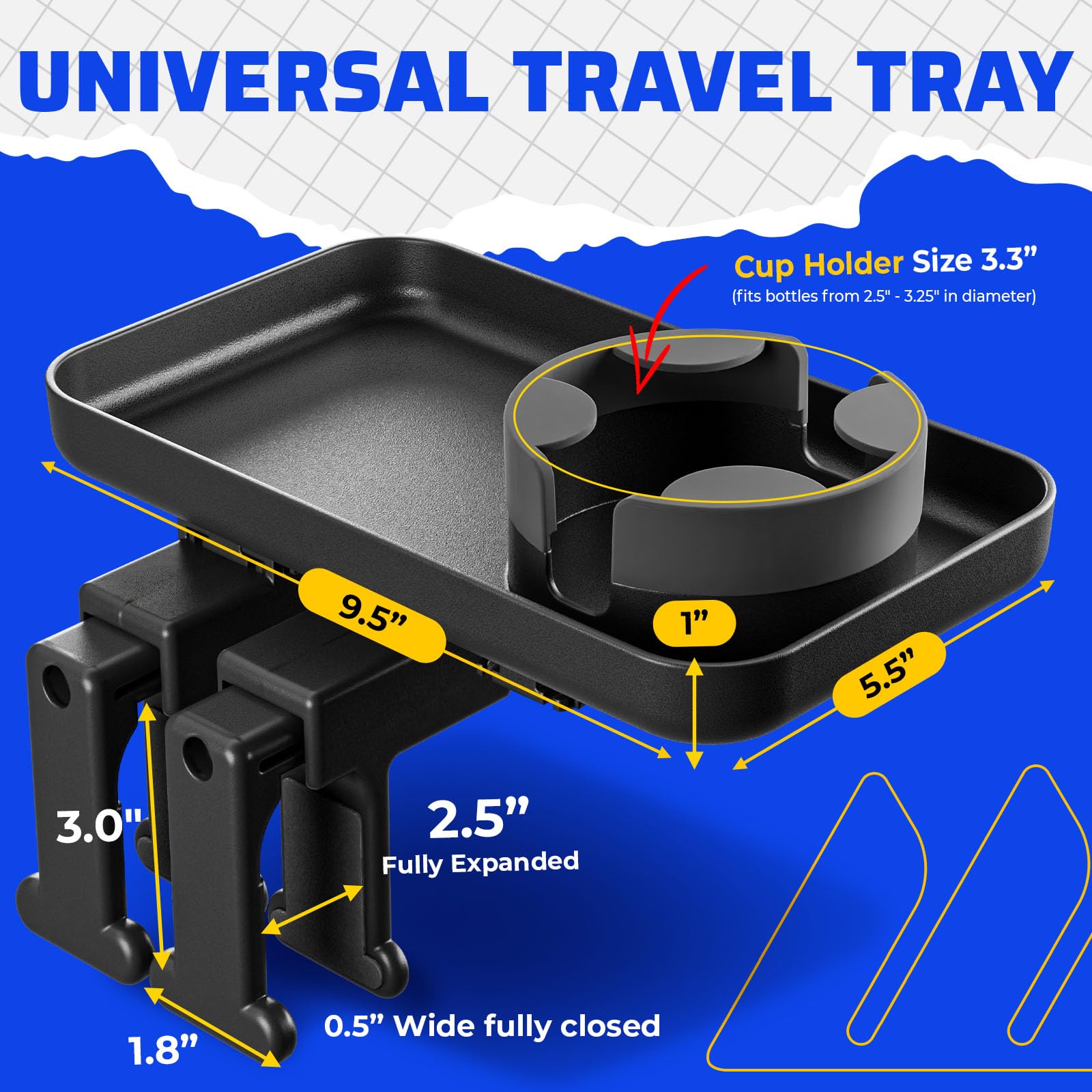 Adjustable Travel Tray Organizer with Universal Quick-Attach Clamps - Perfect for Car Seats, Strollers, Wagons & Armrests - Keep Snacks, Toys & Essentials Handy on Road Trips & Family Outings