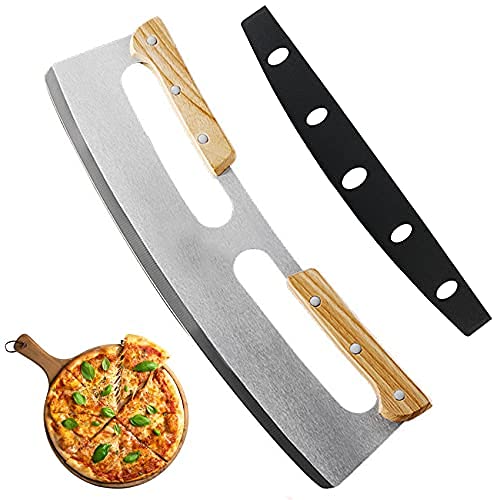 14 Inch Pizza Cutter with Wooden Handle - Professional Mezzaluna Chopper & Salad Knife - Rocker Style Pizza Knife for Perfect Slices - Ideal for Cutting Pizzas, Chopping Herbs, and Preparing Salads at Home or Restaurant