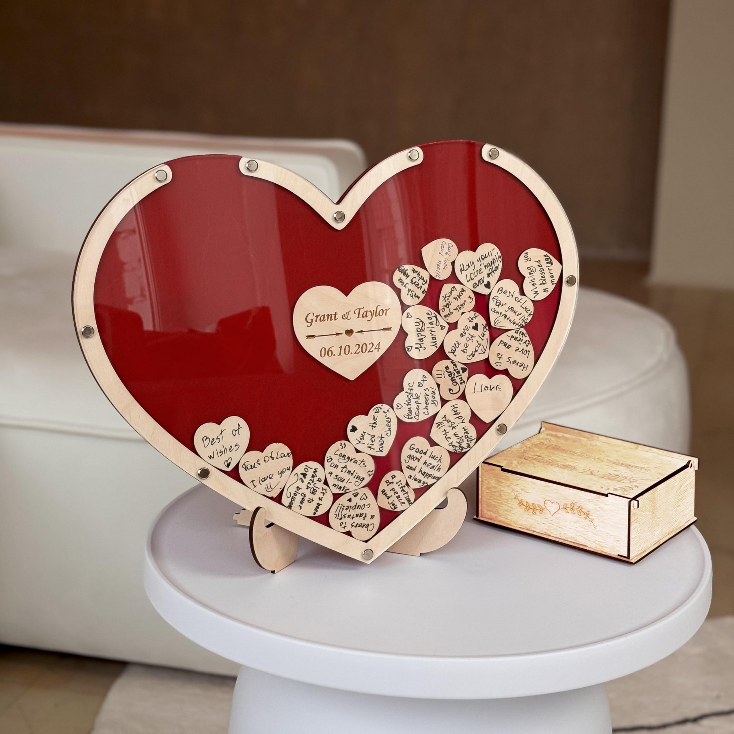 Rustic Wooden Wedding Guest Book with Heart Drop Design - Personalized Alternative Guest Book for Weddings - Heart Frame Guest Book Sign - Elegant Burgundy Wooden Drop Box for Wedding Decor - Perfect for Rustic, Vintage & Boho Wedding Themes