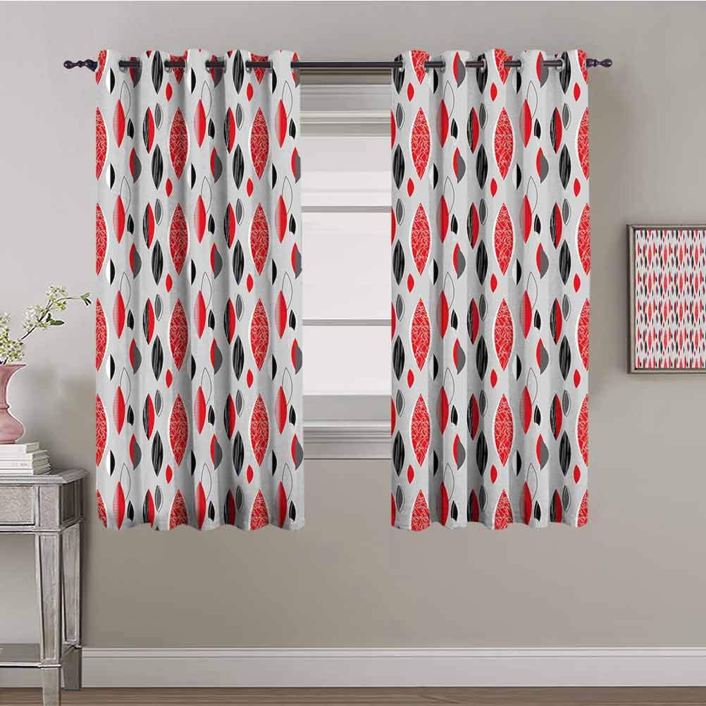 Mid Century Modern Room Darkening Curtains - Abstract Oval Leaf Design in Red, Black & Pale Grey (54x63 Inch) | Blackout Drapes for Bedroom & Living Room | Noise Reducing & Sleep Enhancing Window Treatments