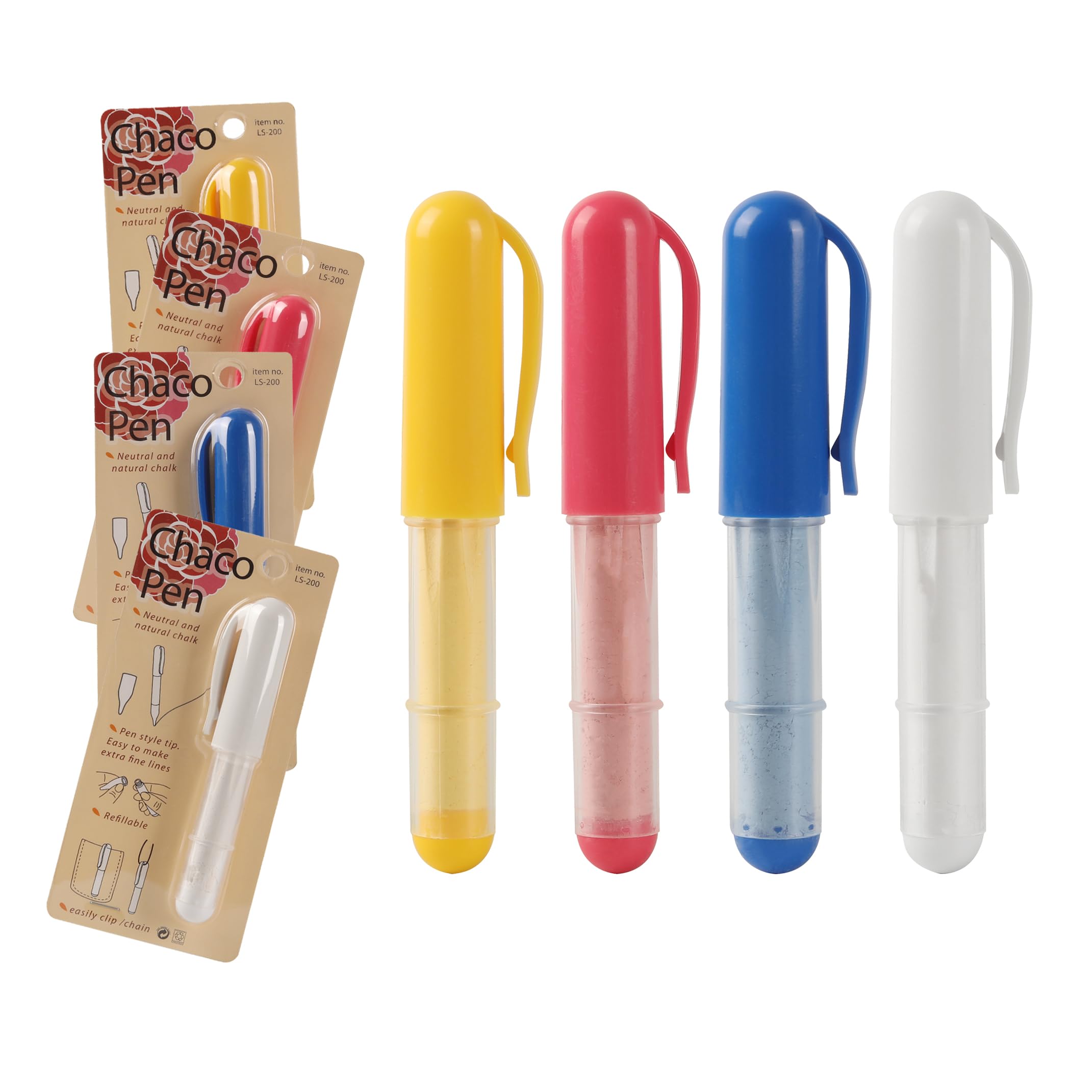 4 Colors Fabric Chalk Markers Set (Red, Yellow, Blue, White) - Washable Tailor's Chalk for Quilting, Sewing & Fabric Marking - Works on Cotton, Denim & Most Fabrics - Precision Dosing Wheel Technology - Perfect for DIY Crafts, Dressmaking & Home Decor Projects