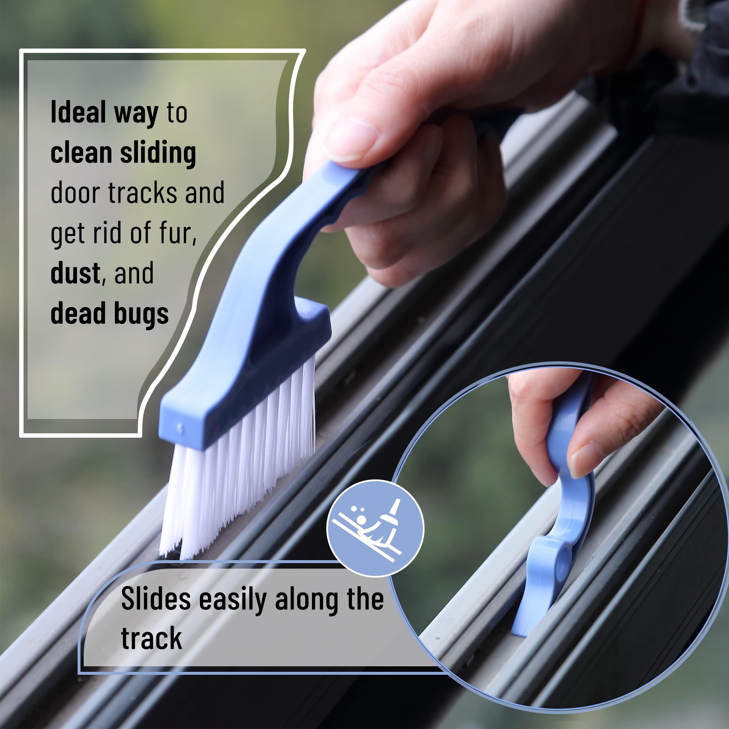 **2-Pack Slick Window Track Cleaning Brush with Ergonomic Blue Handle & Built-in Scraper - Multi-Purpose Cleaning Tool for Windows, Sliding Doors, and Home Maintenance**    *(Perfect for Deep Cleaning Window Tracks, Sliding Door Grooves, and Hard-to-Reach Areas at Home or Office)*