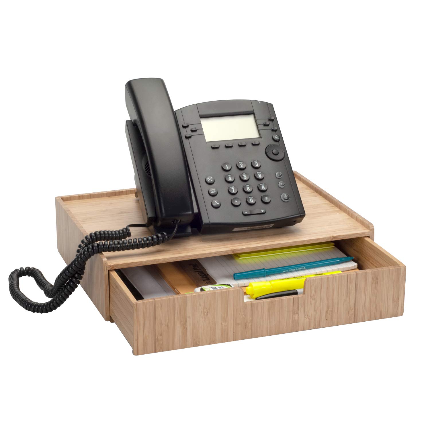 MobileVision Bamboo Phone Stand with Drawer - Stackable Office Organizer for Pens, Pencils, Scissors, Notepads & Business Cards - Perfect Desk Accessory for Home & Office Workspace