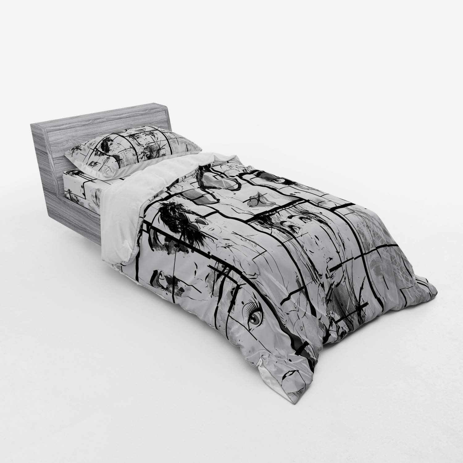 Ambesonne Paris Themed Duvet Cover Set - Monochrome Pop Art Eiffel Tower Design, 3 Piece Bedding Set with Pillow Sham & Fitted Sheet, Twin Size in White Black Grey | Perfect for Romantic Bedroom Decor, French Theme Guest Room & Paris Lover's Home