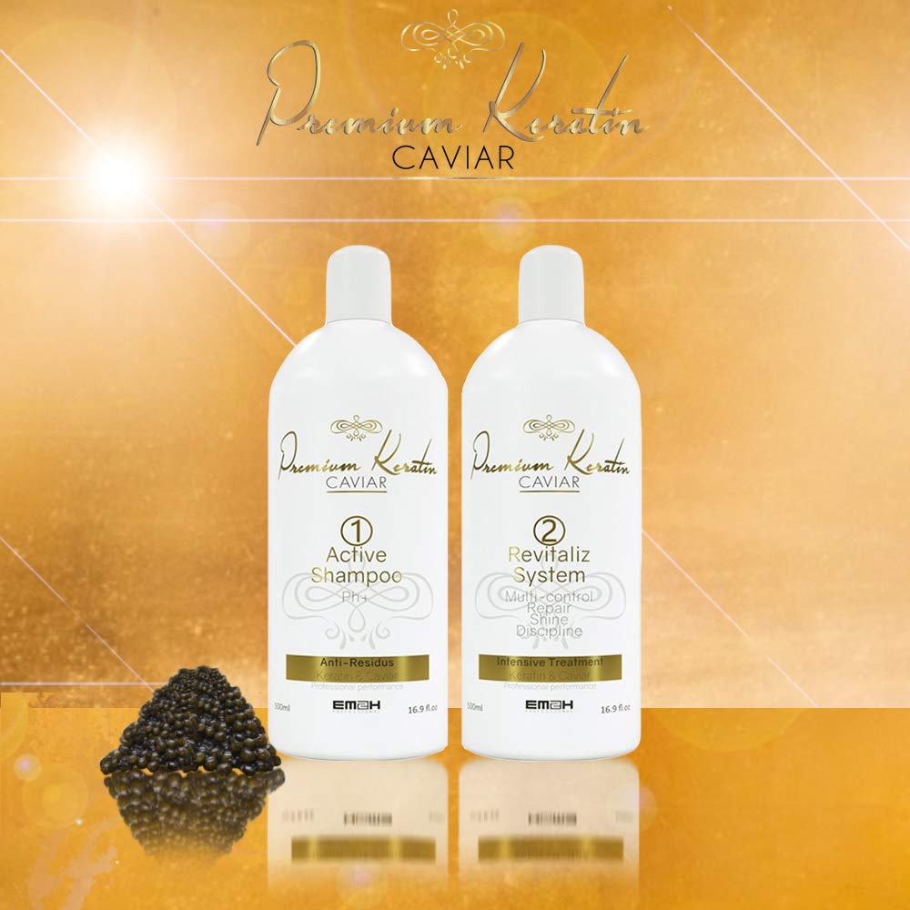 EM2H COSMETICS Premium Keratin Caviar Hair Smoothing Treatment Kit - Brazilian Blowout with Caviar Extracts (2 x 500ml) for Frizz Control & Salon-Quality Smoothing at Home