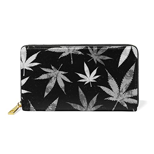 Vintage Cannabis Leaf Design Zipper Wallet – Black Leather Long Purse Organizer for Men & Women | Holds Cards, Coins, Passport & Checkbook | Perfect for Travel, Parties & Daily Use