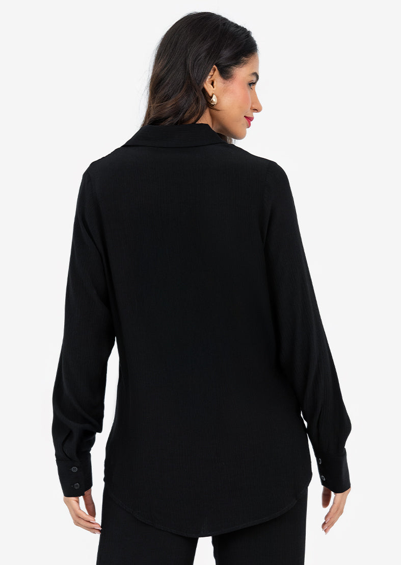 Black Plisse Split Hem Shirt for Women - Trendy & Elegant Blouse for Office Wear, Date Night & Casual Outfits