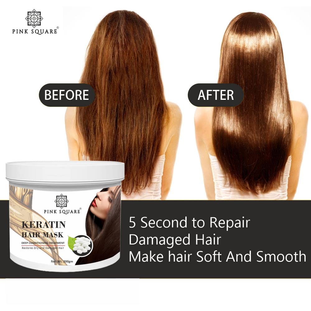 Pink Square Keratin Hair Mask for Intense Damaged Hair Repair - 200g Deep Conditioning Treatment for Dry & Damaged Hair - Salon Quality At-Home Hair Spa | Perfect for Post-Color Care & Weekly Hydration