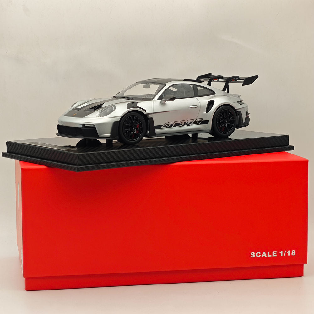 1/18 Scale Porsche 992 GT3 RS Silver Resin Die-Cast Model Car - High Quality Collectible Sports Car for Display, Gifts & Racing Enthusiasts