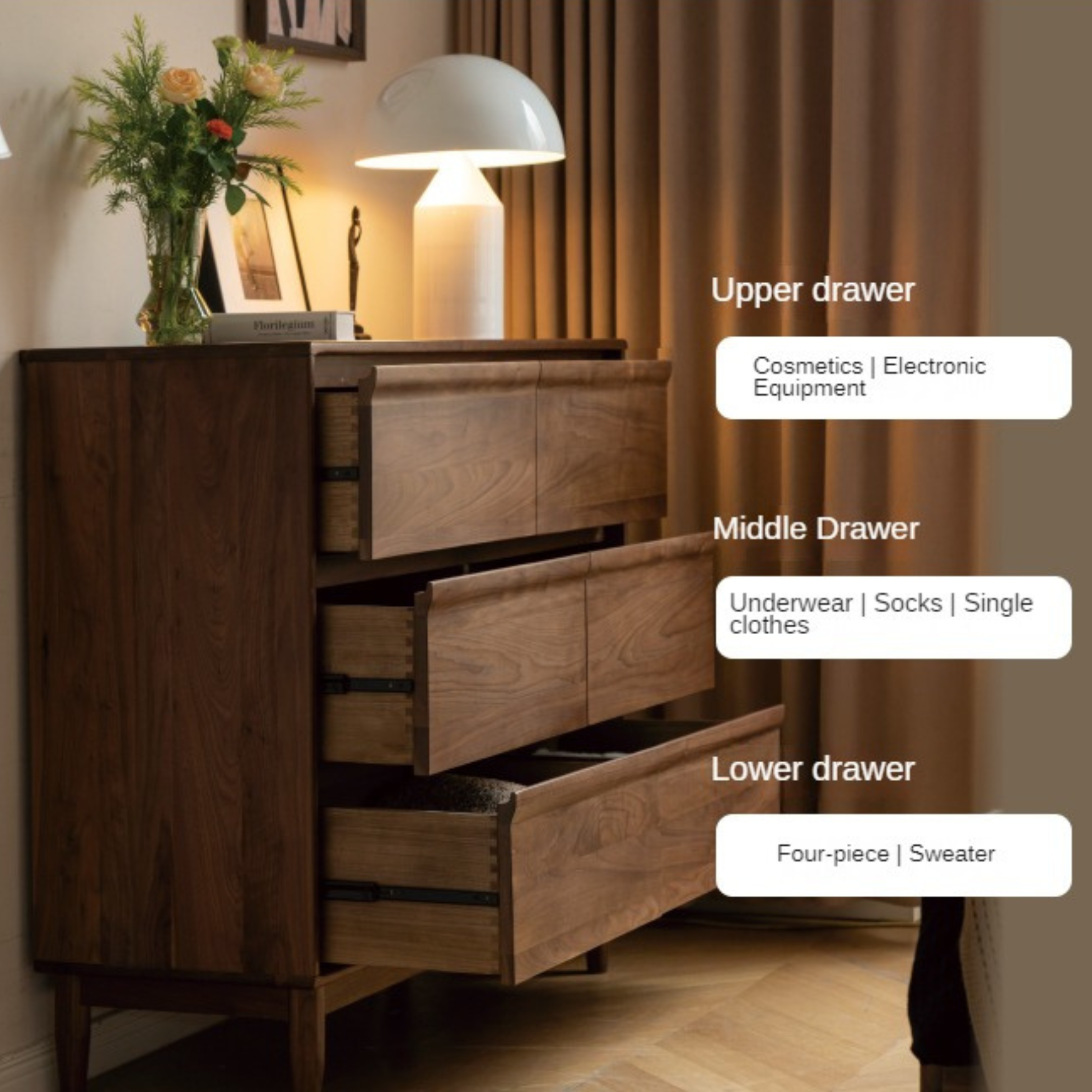 Solid Black Walnut Wood Dresser - 6-Drawer Bedroom Storage Furniture for Master Bedroom, Guest Room & Nursery Organization