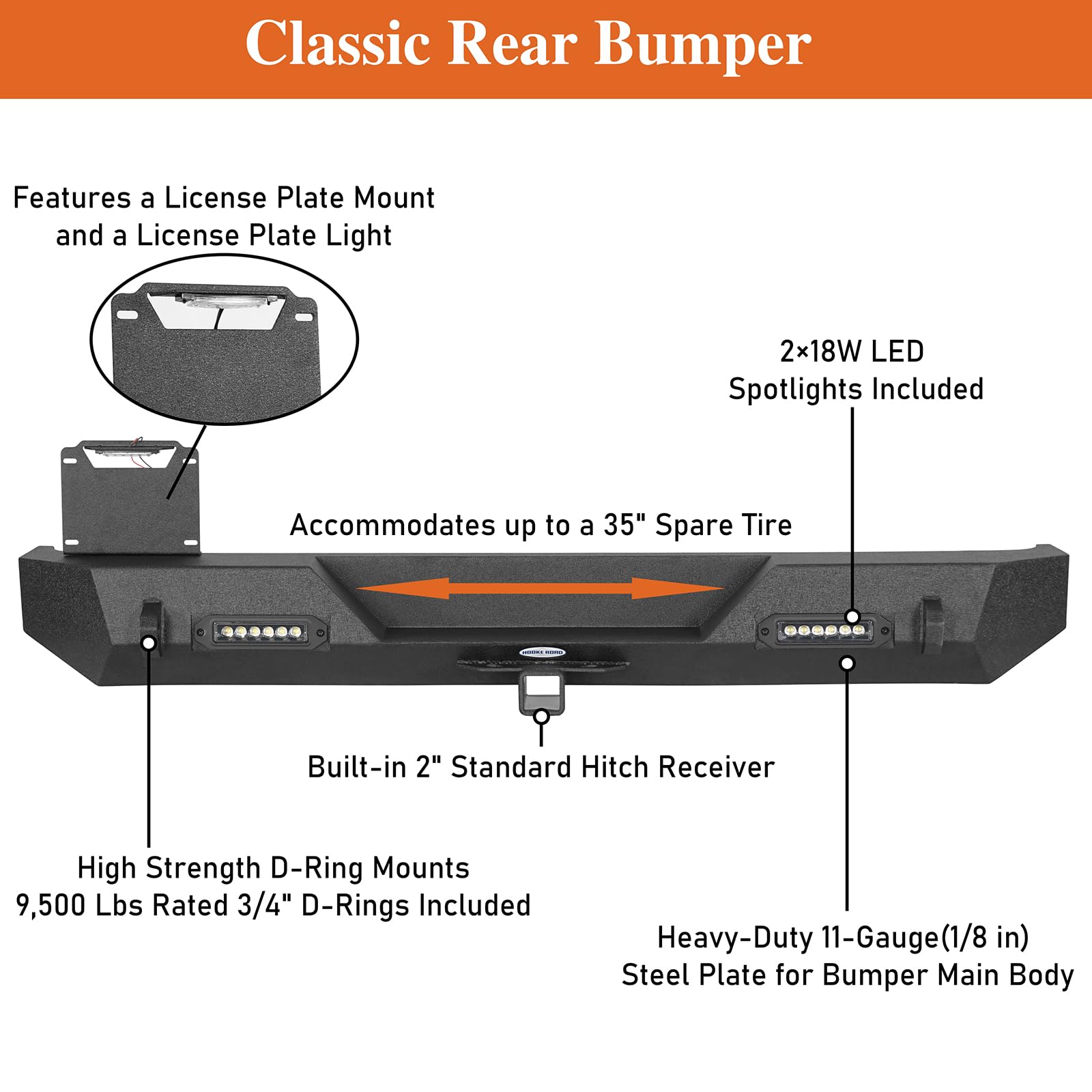 Hooke Road Jeep Wrangler TJ Front & Rear Bumper Set (1997-2006) - Heavy Duty Off-Road Bumpers with D-Rings & Receiver Hitch - Perfect for Trail Riding, Rock Crawling & Jeep Upgrades