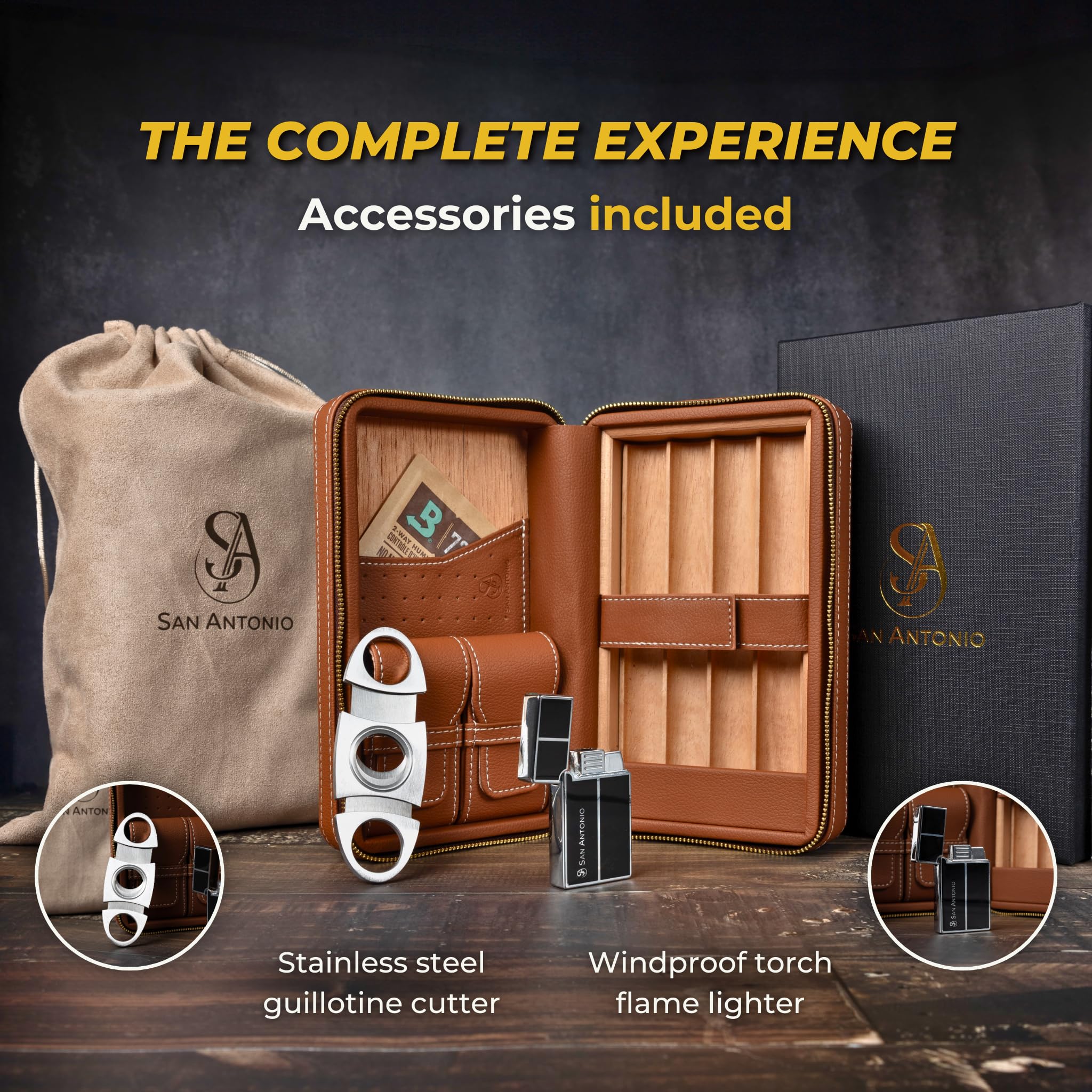 Premium Leather Travel Cigar Humidor Case with Built-in Lighter & Cutter - Portable Cigar Storage for San Antonio Trips & Outdoor Adventures - Perfect for Gifts & Cigar Enthusiasts