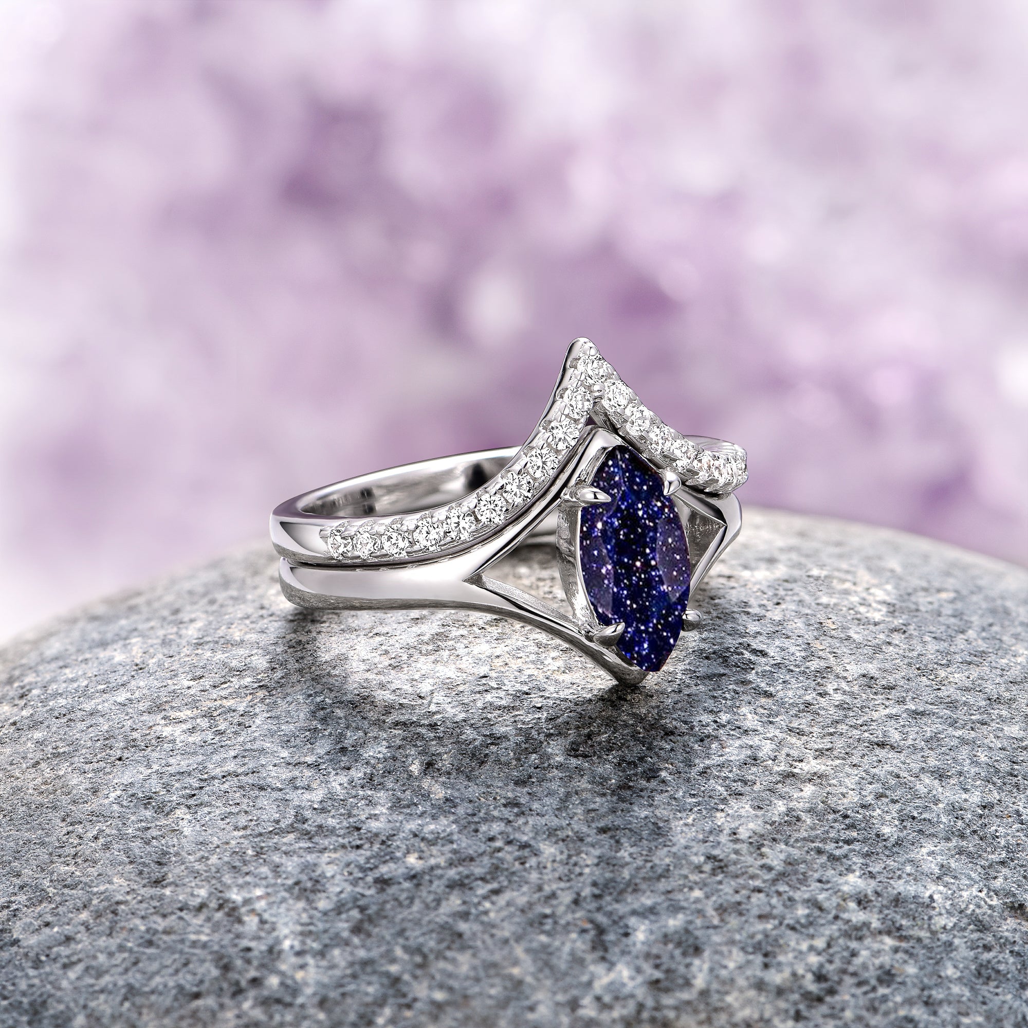 Starry Night Chevron Engagement Ring Set - Sterling Silver Wedding Band for Women, Elegant Promise Ring for Her, Perfect for Proposals, Anniversaries & Special Occasions