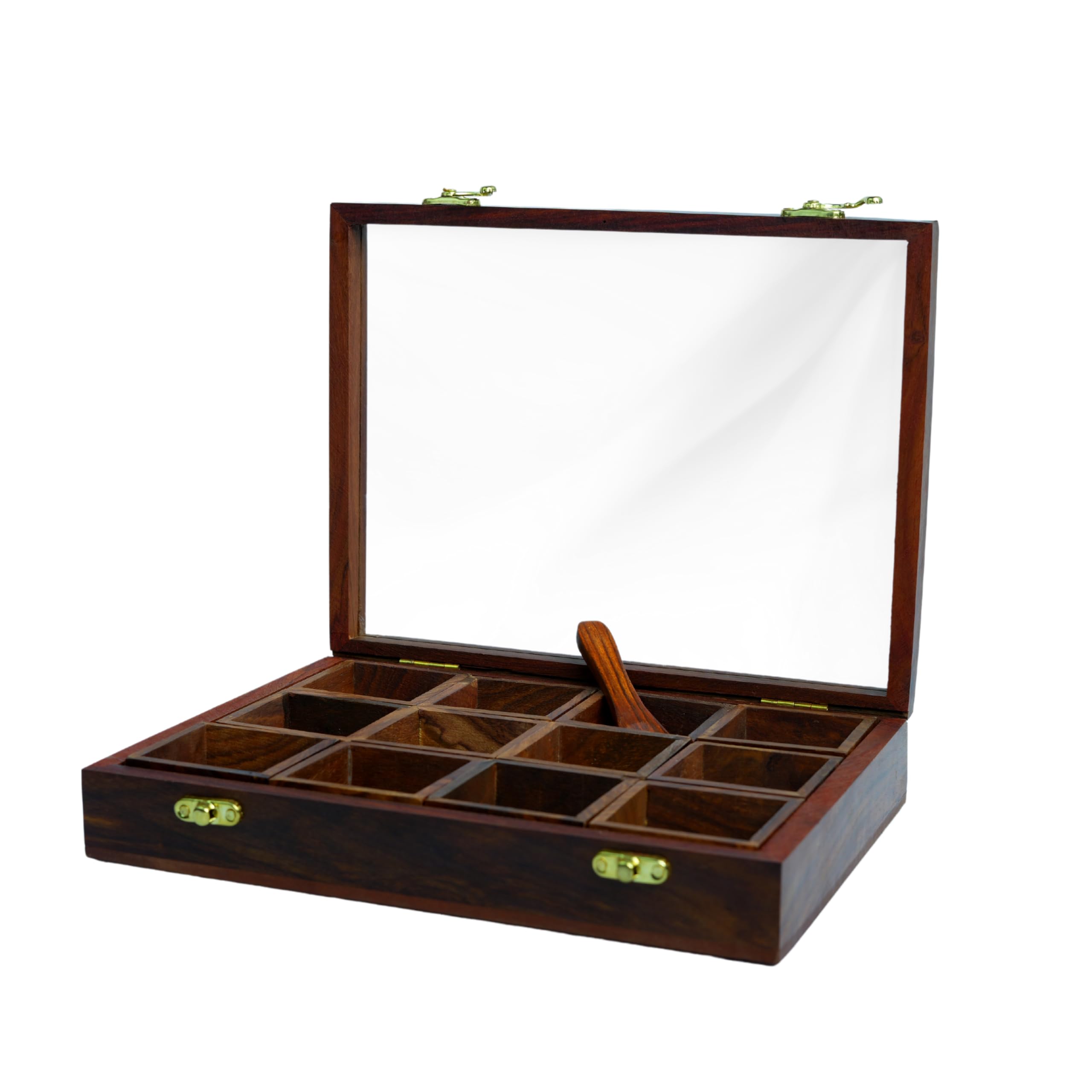 Premium Sheesham Wood Masala Spice Box Set - 12 Compartments with Spoon for Indian Cooking | Multipurpose Kitchen Storage Organizer for Spices, Herbs & Tea | Elegant Decorative Box for Home & Restaurant Use