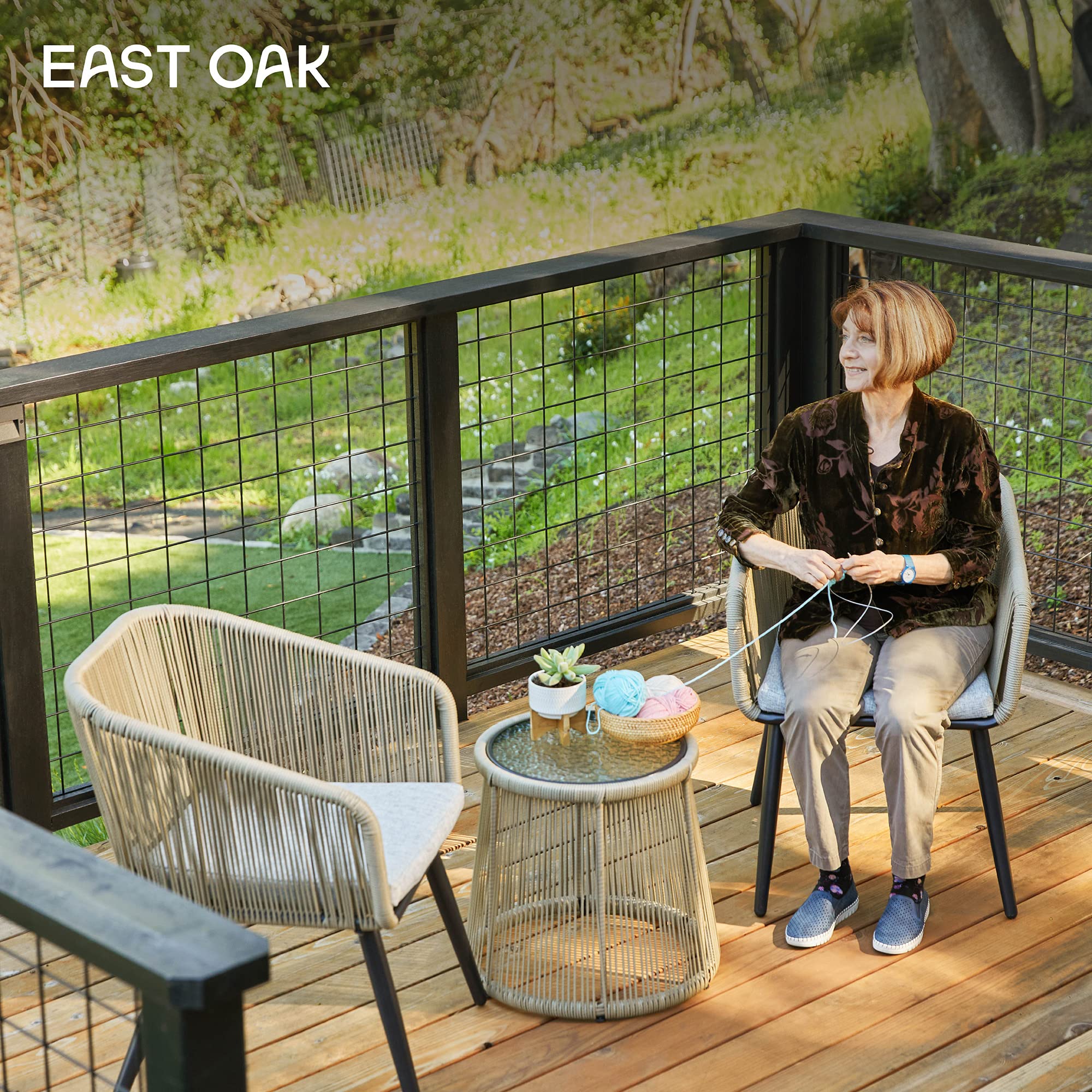 EAST OAK 3-Piece Outdoor Patio Furniture Set - Handwoven Rattan Wicker Chairs with Waterproof Cushions & Tempered Glass Table - Brown & Light Grey Bistro Set for Porch, Garden, Poolside or Backyard Relaxation