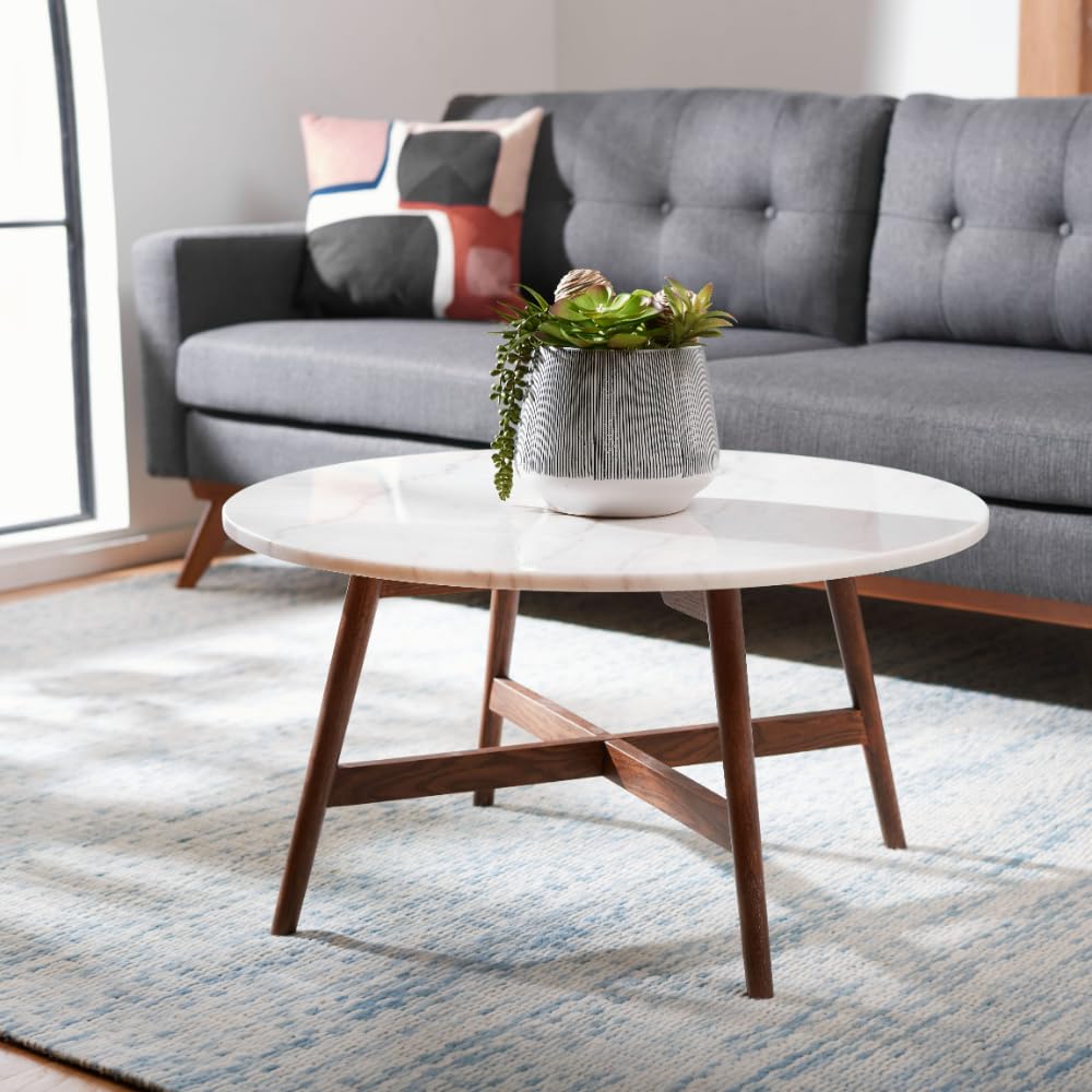 SAFAVIEH Home Collection Maja Round Coffee Table - Marble & Walnut Brown Finish - Perfect for Living Room, Lounge & Modern Home Decor