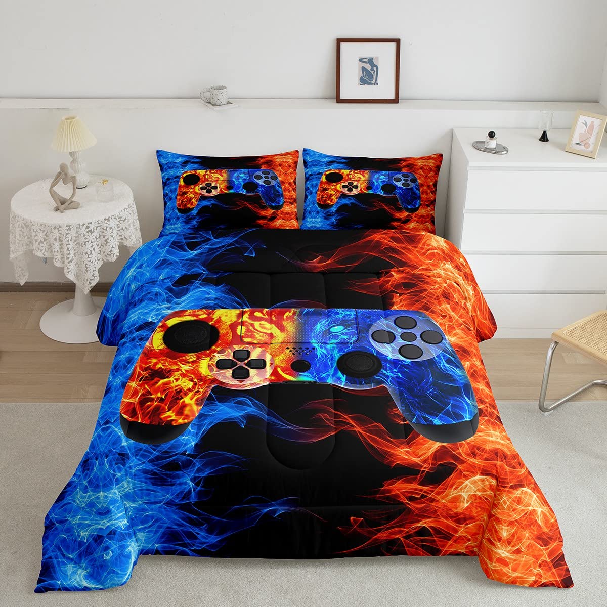 Erosebridal Boys Queen Gaming Comforter Set - Blue & Orange Gamer Bedding for Toddler & Kids | Perfect for Boys' Bedrooms & Gaming Themed Decor