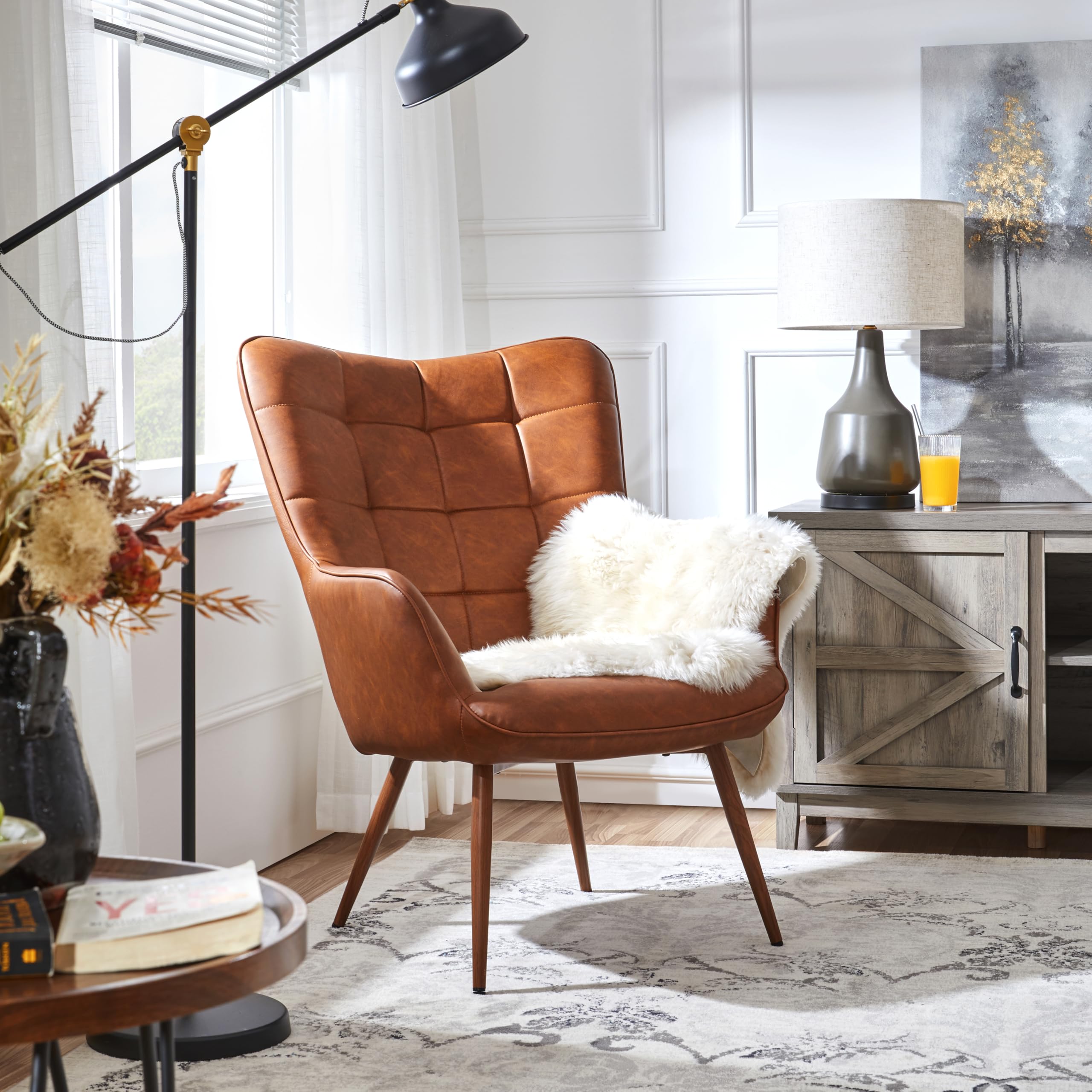 Yaheetech Genuine Leather Accent Chair - Modern Living Room Armchair with Sturdy Metal Legs for Bedroom, Office & Lounge - Comfortable Camel Brown Seating for Relaxing & Decor