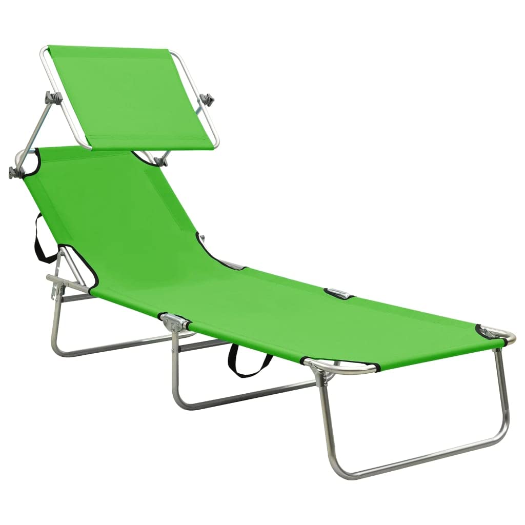 Portable Folding Sun Lounger with Adjustable Backrest & Canopy - Beach Chair, Patio Lounge, Poolside Furniture for Outdoor Relaxation in Yard, Balcony or Vacation | Durable Steel Frame in Apple Green