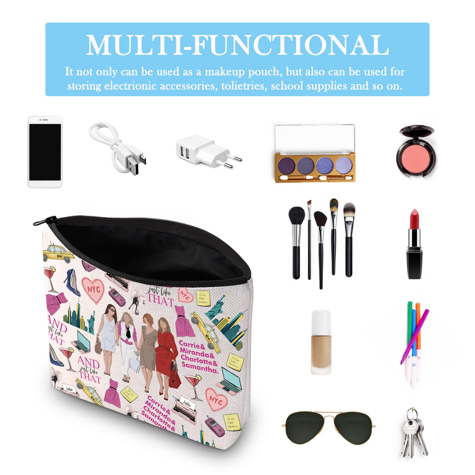 Sex and the City Inspired Cosmetic Makeup Bag - Carrie Miranda Charlotte & Samantha Zipper Travel Pouch for Women | Perfect for TV Series Fans, Movie Lovers & Girls | Great for Travel, Gym & Daily Use (EU Pattern Design)